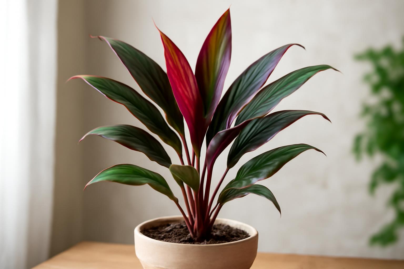 A Cordyline fruticosa, tarka dracéna, élénk színű levelekkel díszített cserepes növény.