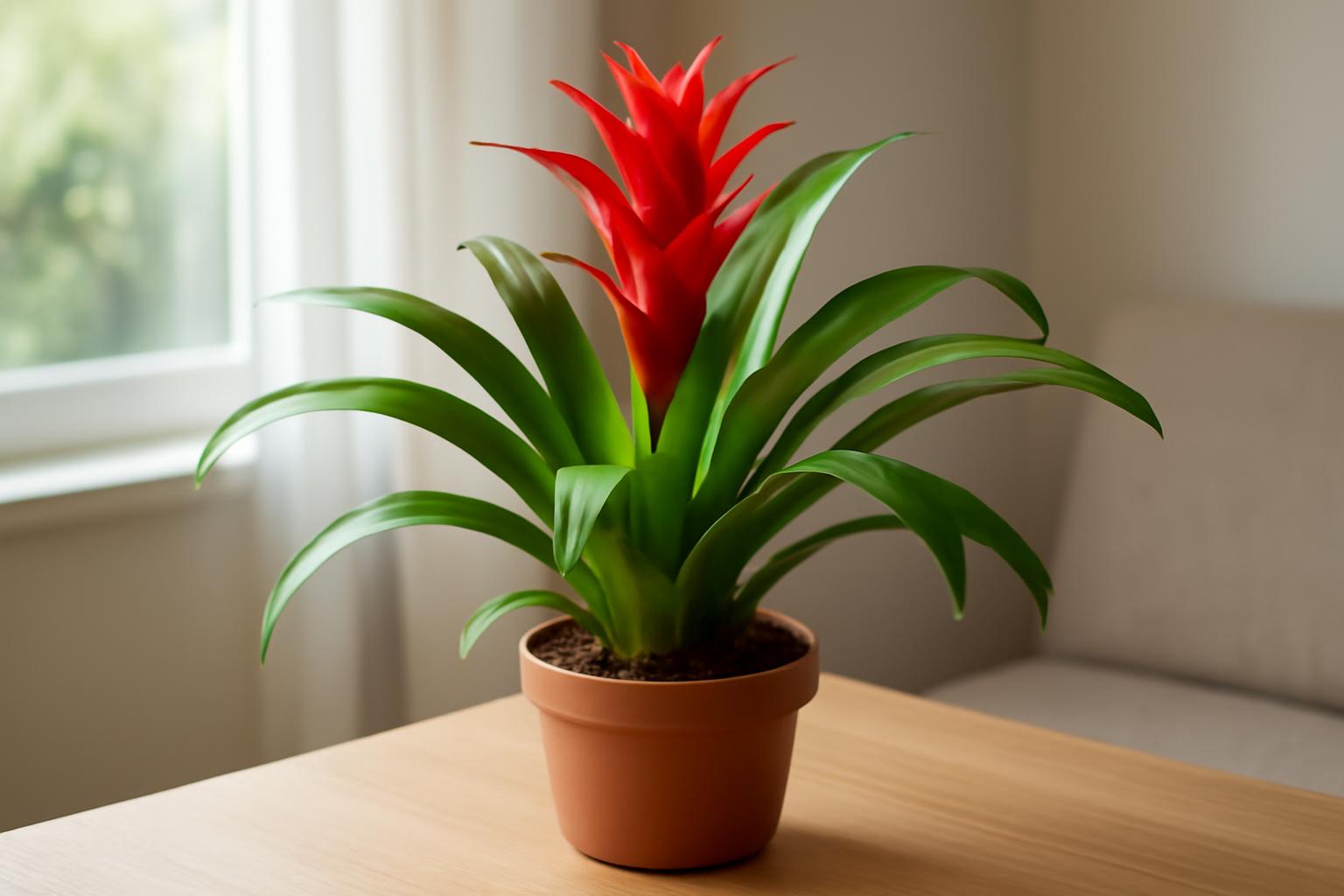 Egy élénk piros Guzmania bromélia szobanövény, zöld levelekkel, cserépben.