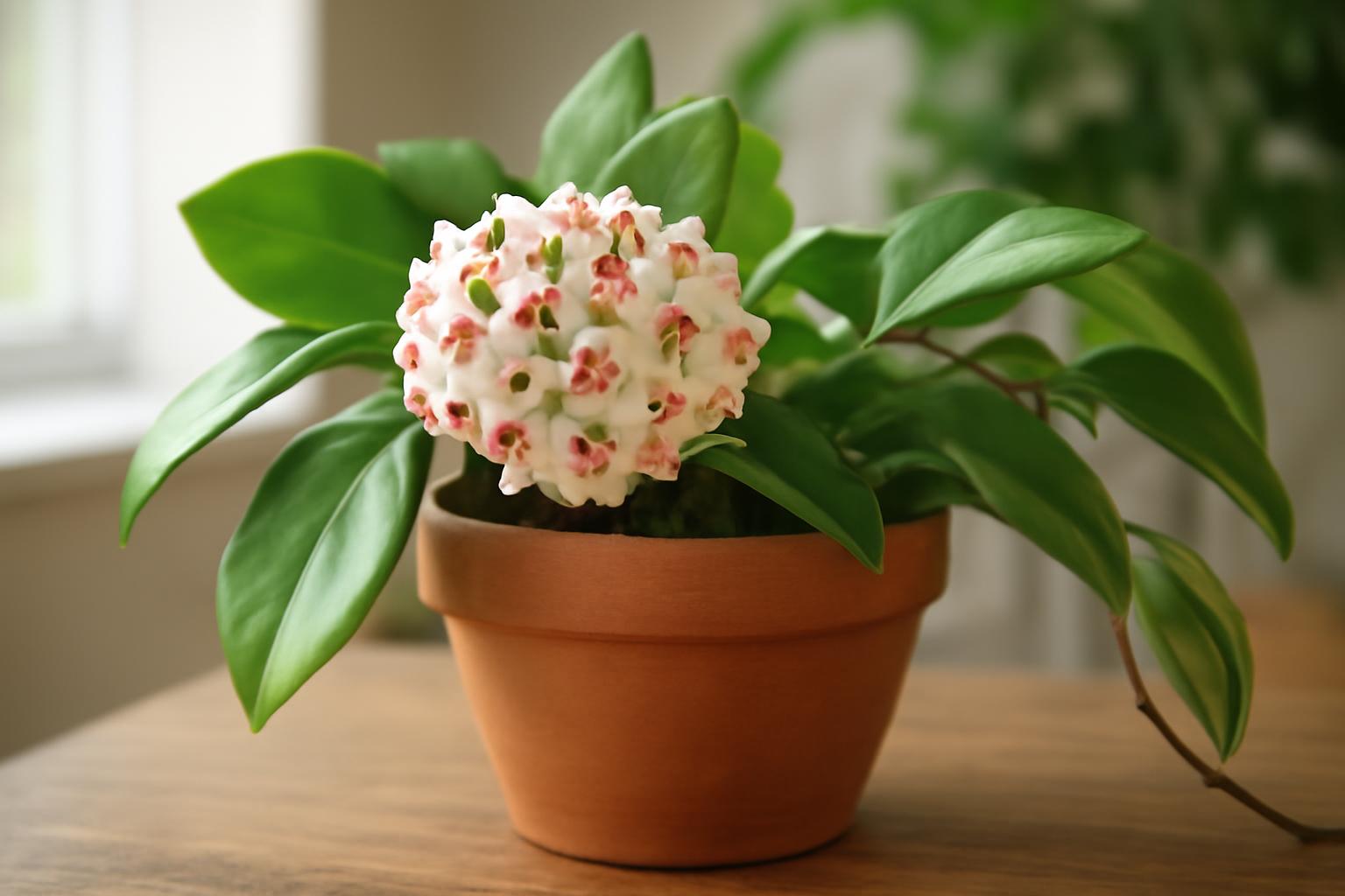 A Hoya carnosa, vagyis viaszvirág, virágzó cserepes növény, zöld levelekkel.