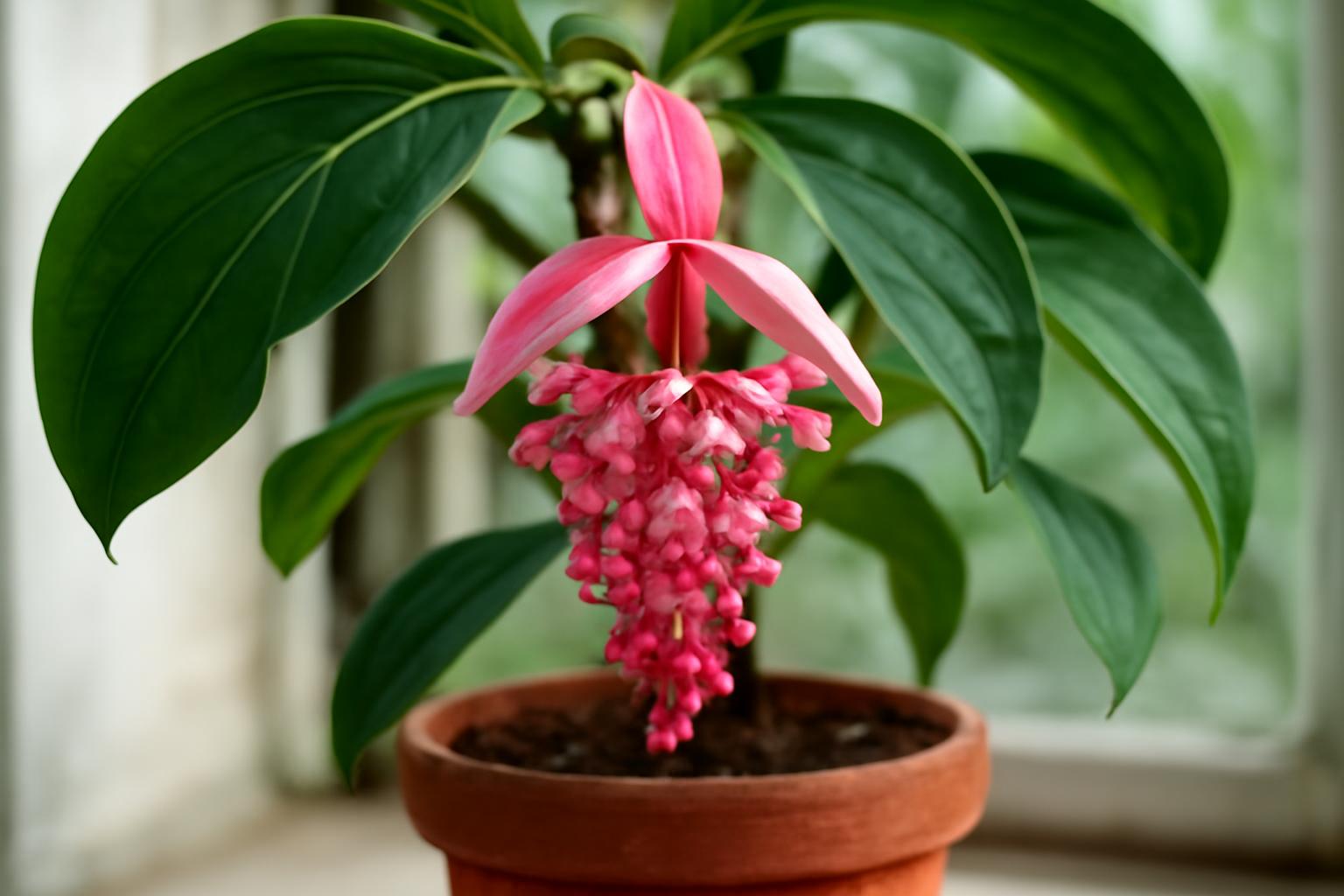 A Medinilla magnifica virágzó növénye pink virágokkal és zöld levelekkel.