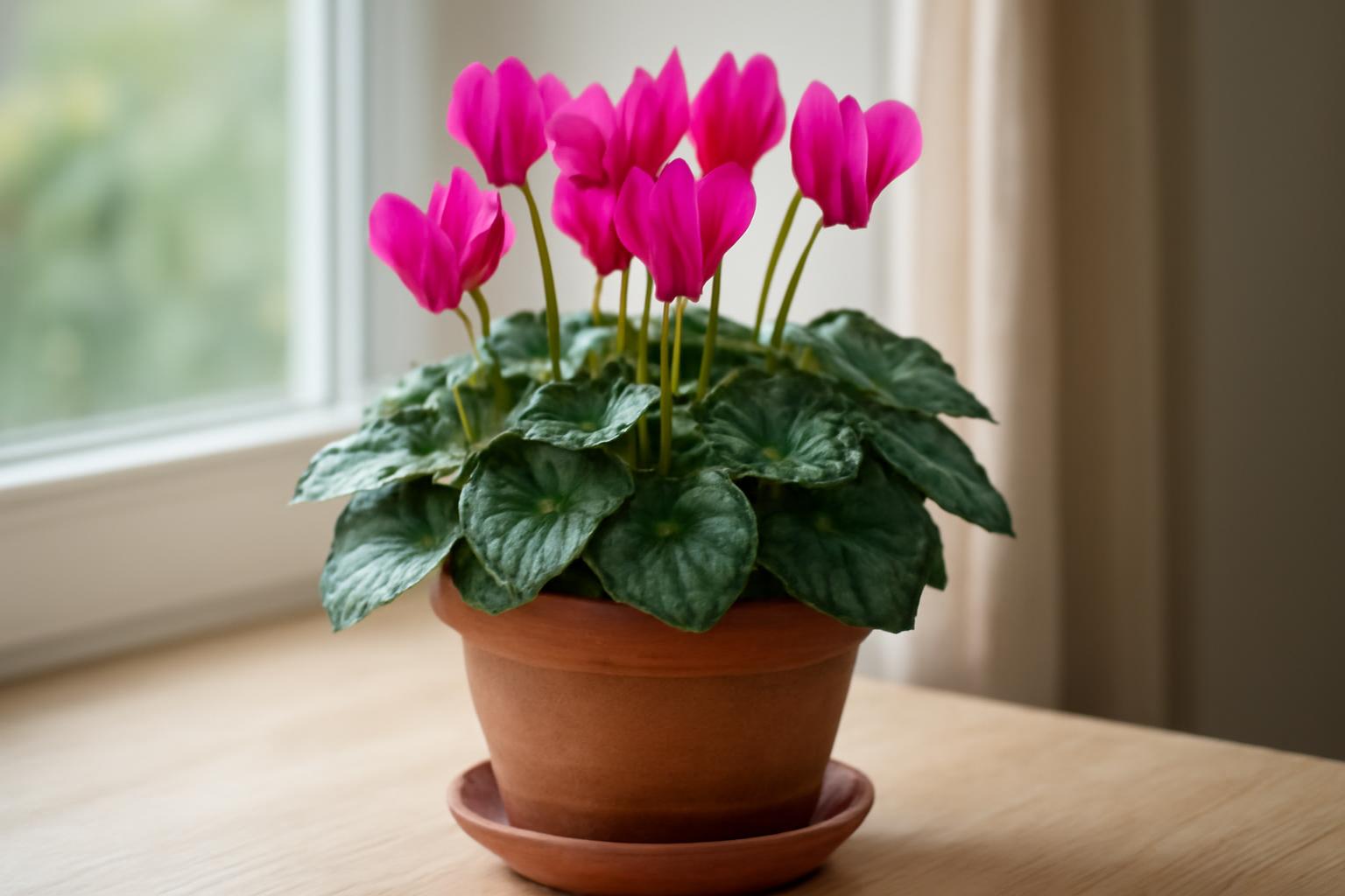 Egy szobaciklámen virágzó növény, élénk rózsaszín virágokkal és zöld levelekkel.