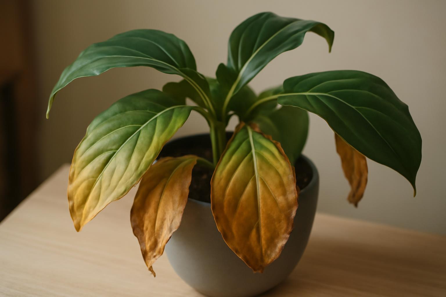 Medinilla növény, sárguló és hulló levelekkel, szobanövények gondozási hibáira utal.