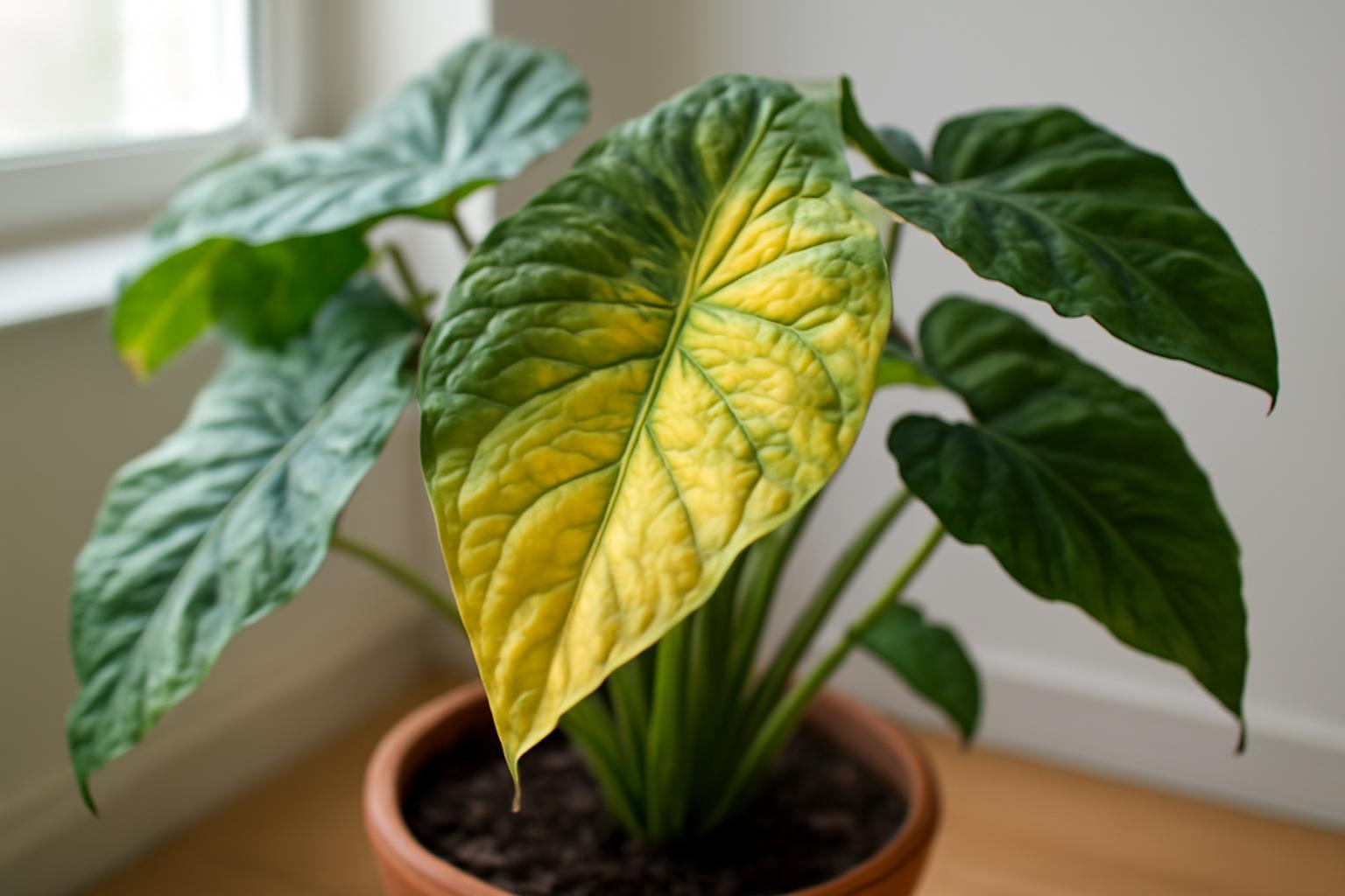 Alocasia levelek sárgulása: túlöntözés vagy fényhiány jelei