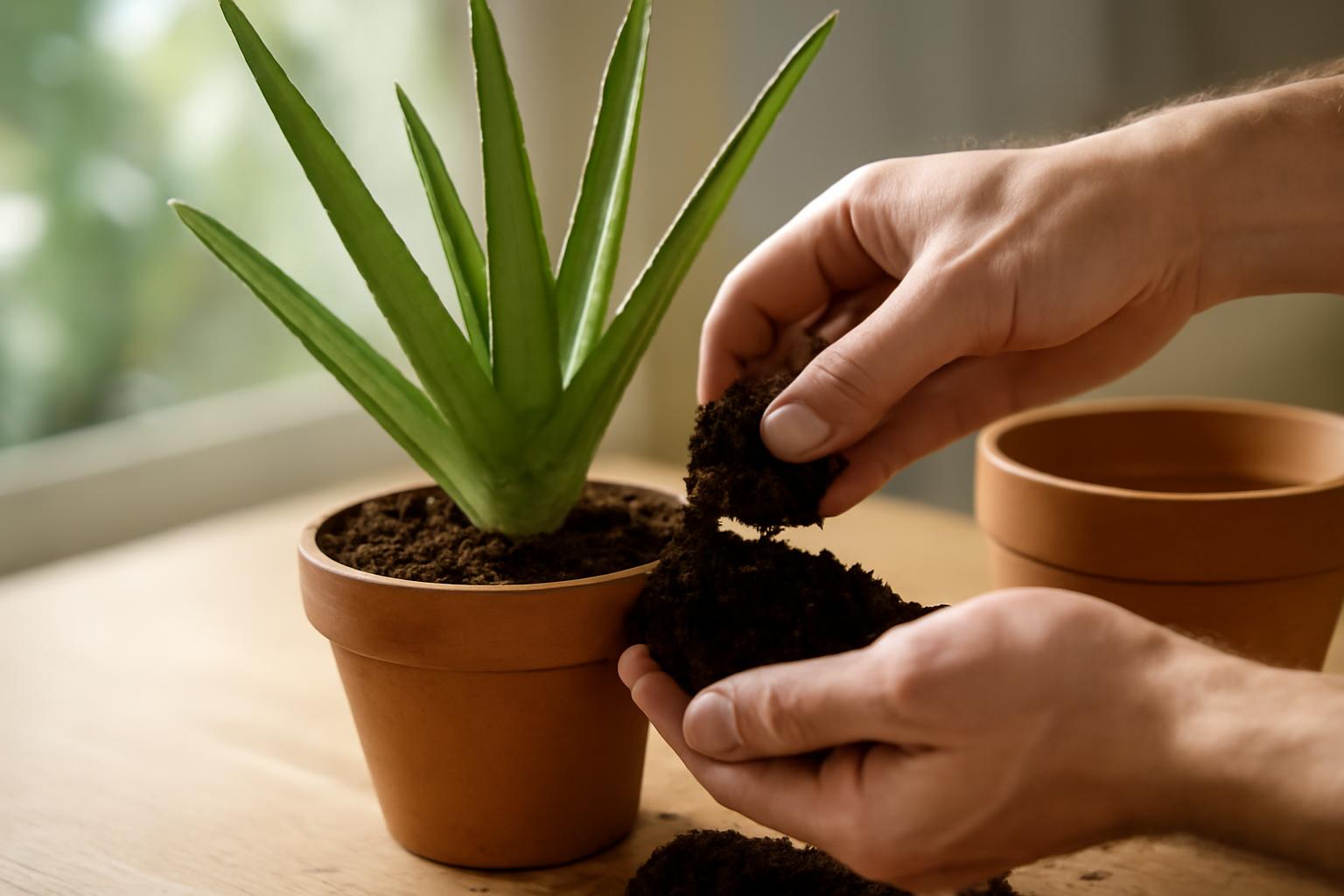 Két kéz aloe vera növény átültetéséhez szükséges friss földet tart a cserepes növény mellett.