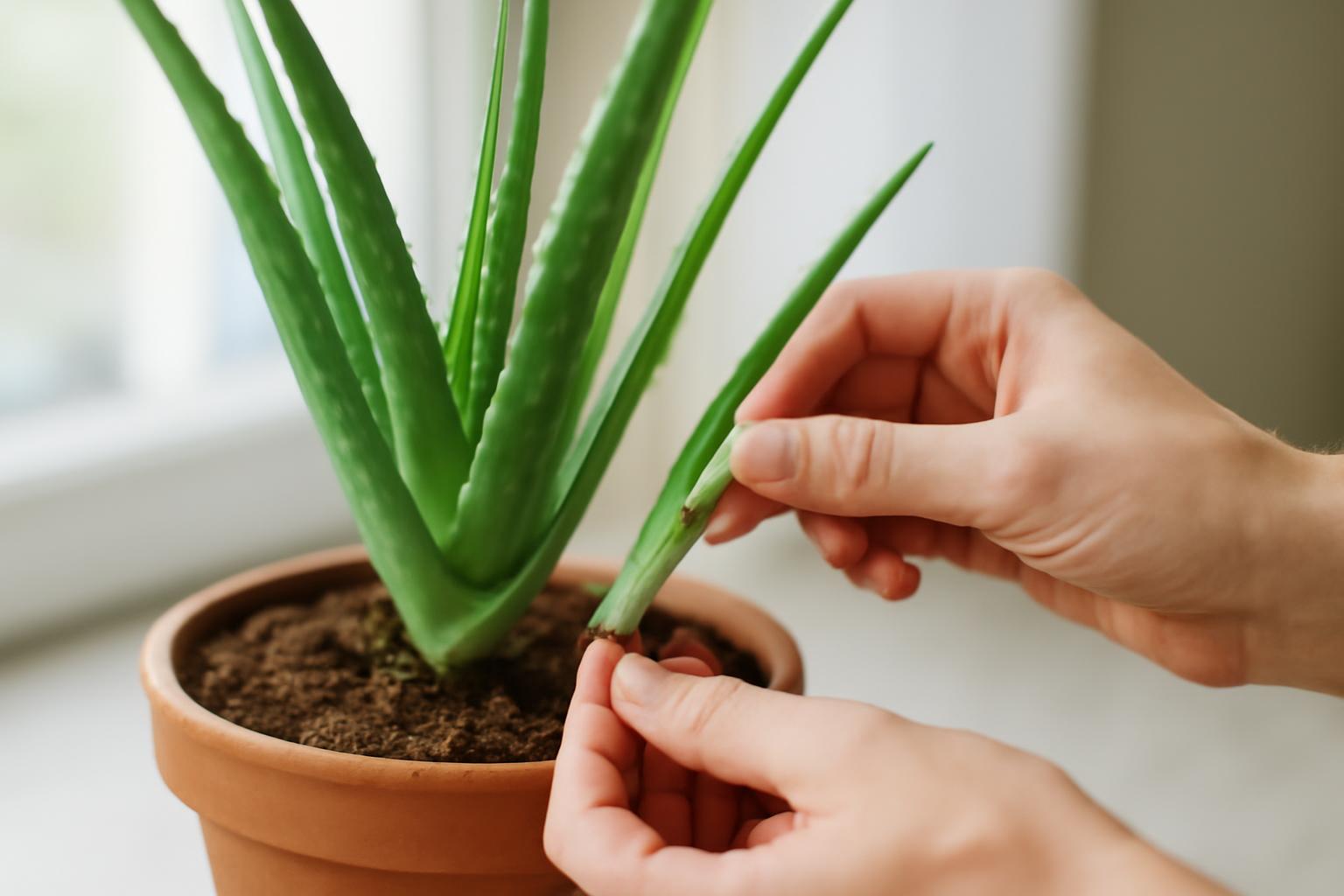Két kéz aloe vera levél sarját készíti elő a szaporításhoz egy cserépben.