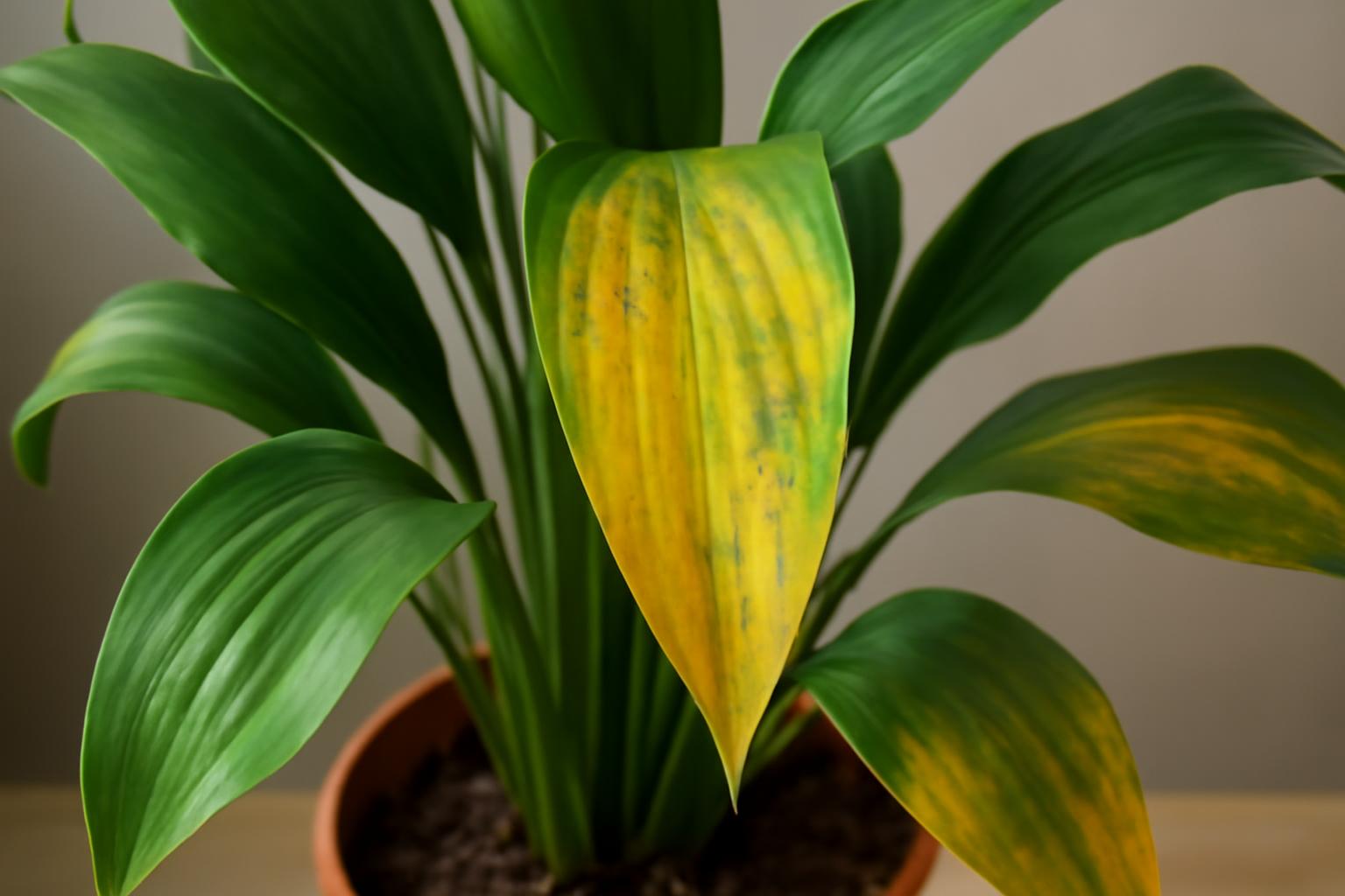 Aspidistra levelek sárgulása: túlöntözés vagy tápanyaghiány
