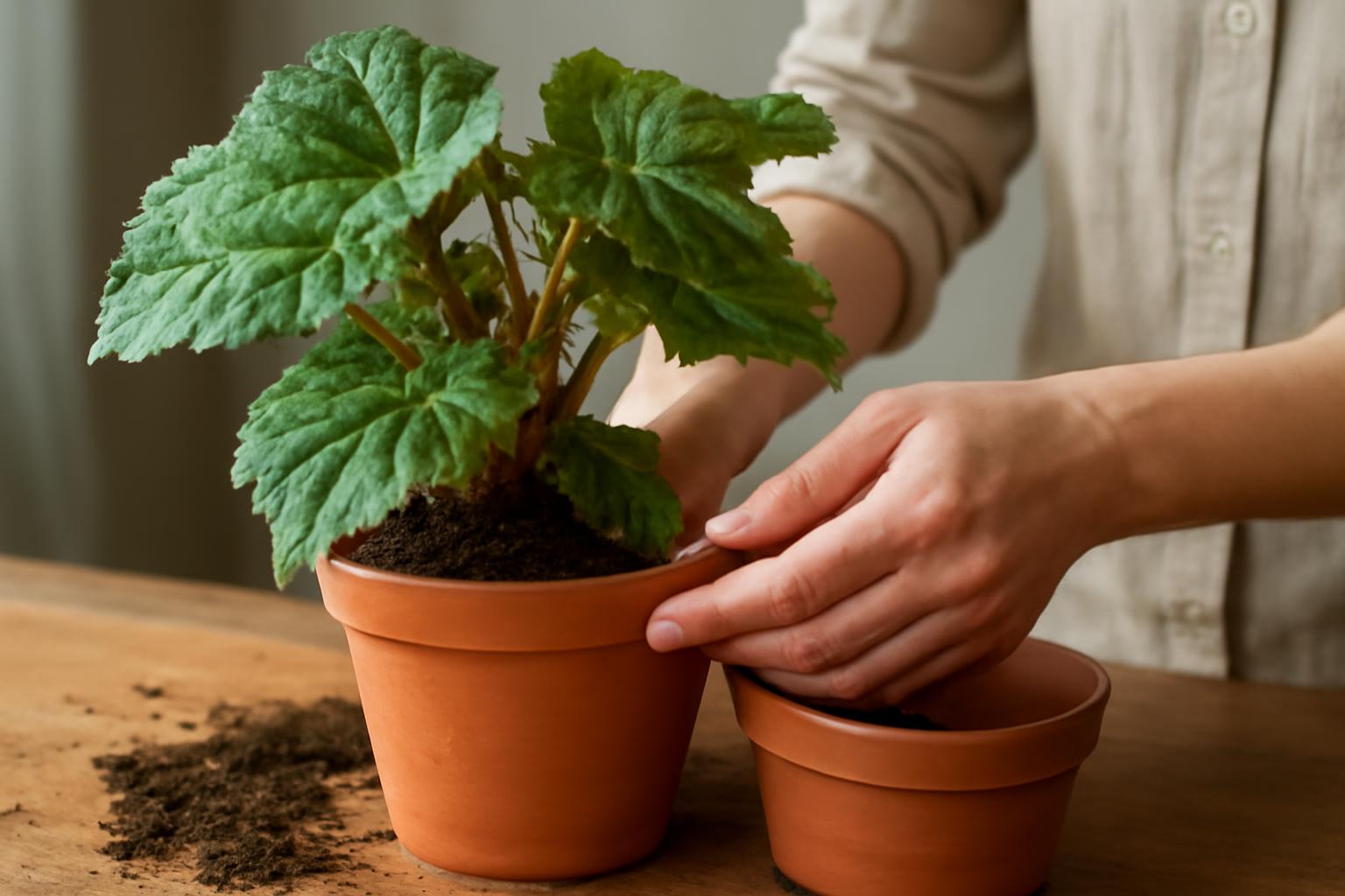 Egy begónia átültetése, zöld levelekkel és friss földdel teli cserépben.