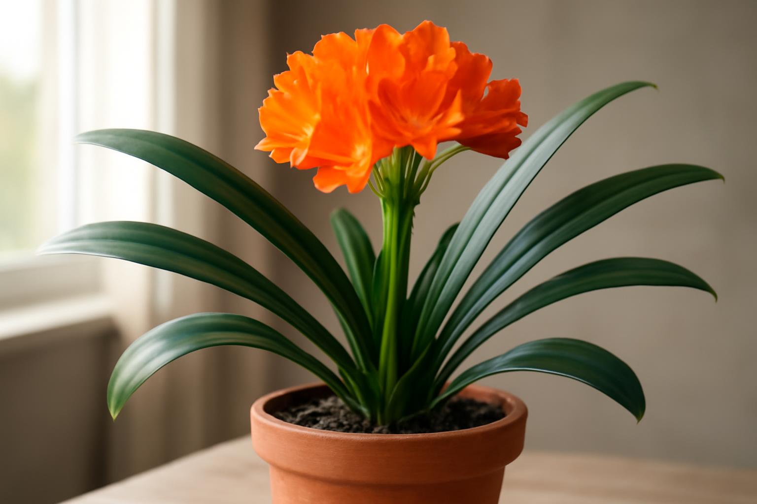 Egy virágzó Clivia növény élénk narancssárga virágokkal és zöld levelekkel.