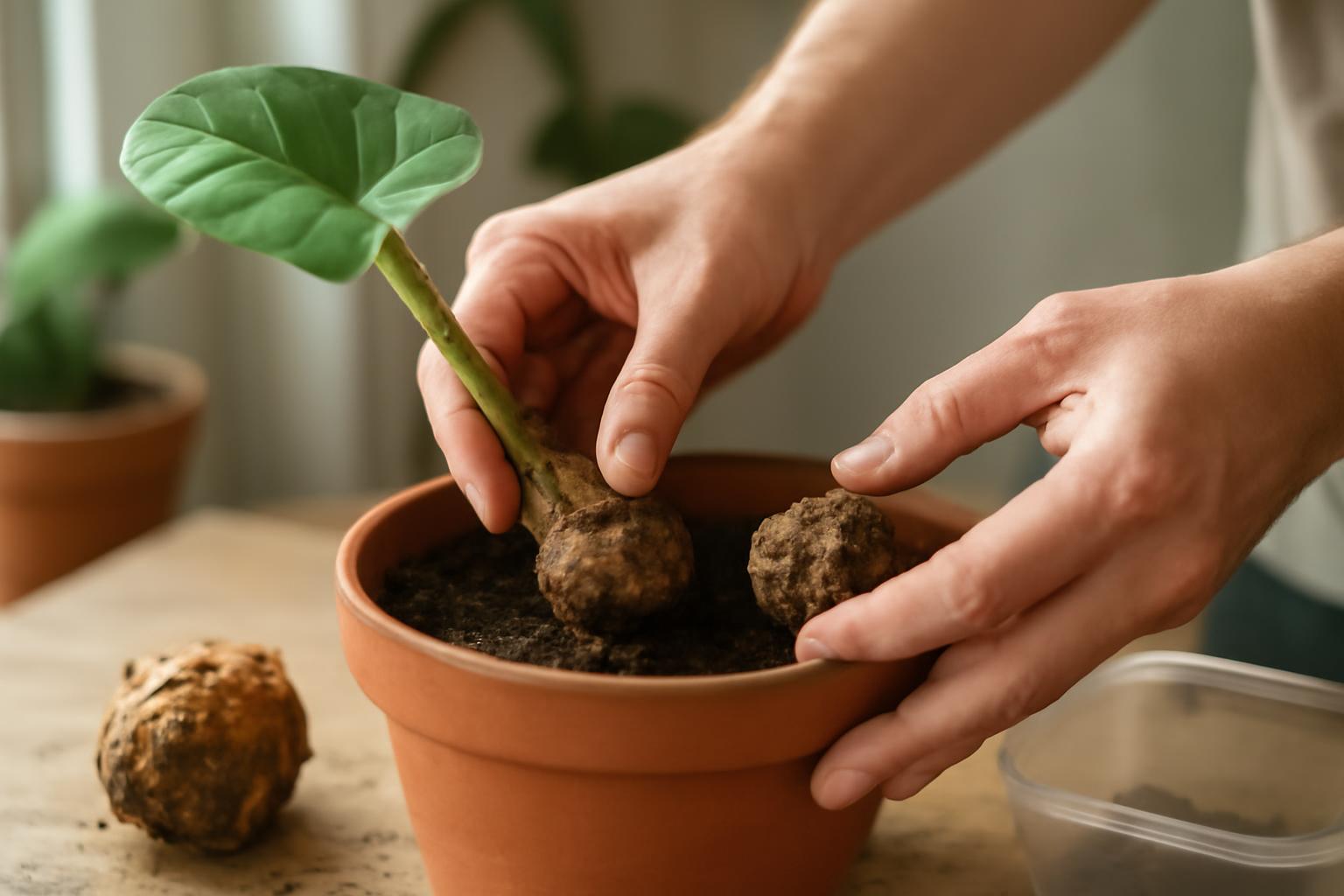 Két Colocasia gumó ültetése egy cserép földbe, zöld levéllel.