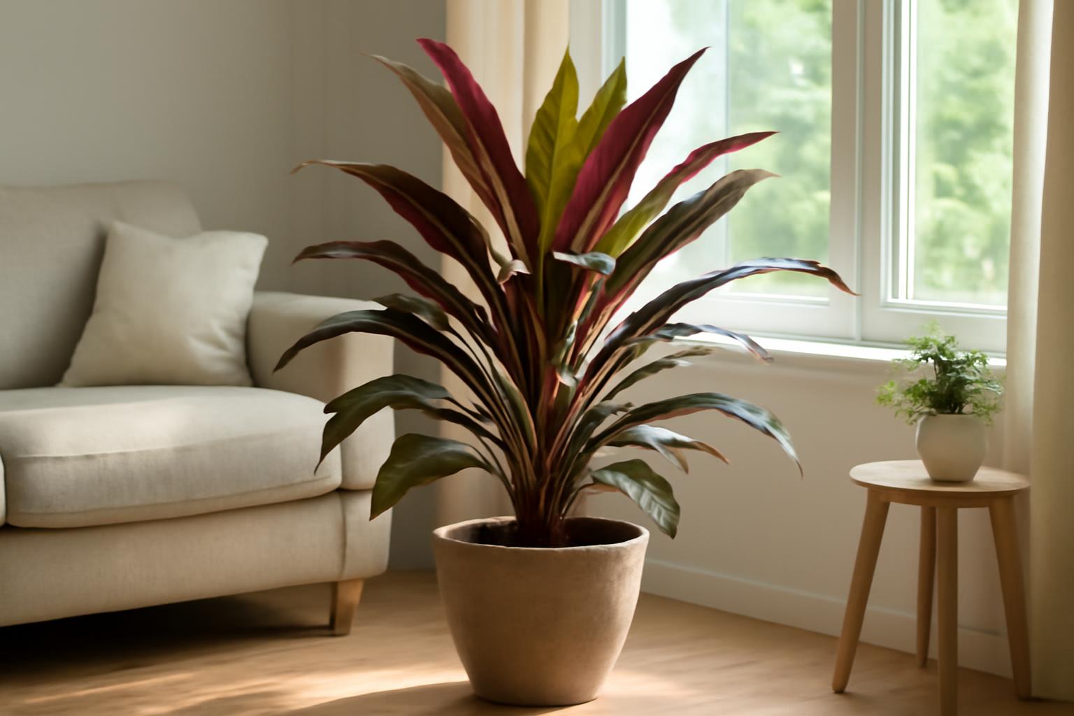 Egy Cordyline szobanövény világos helyen, szűrt fényben, egy kanapé mellett.