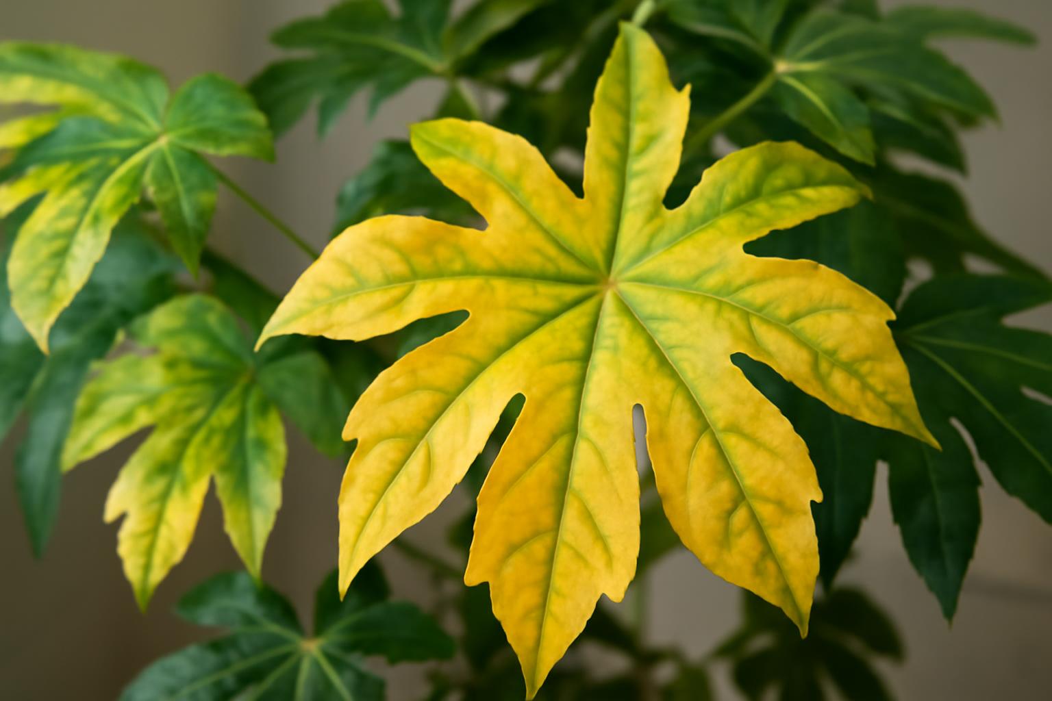 Fatsia levelek sárgulása: túlöntözés jelei