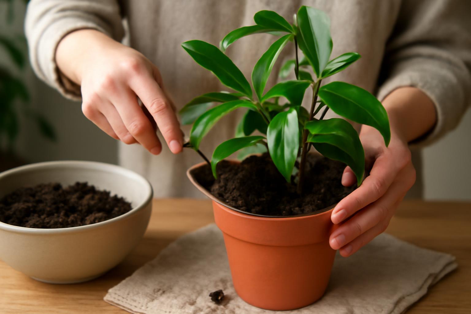 Kéz ültet egy Hoya növényt friss földbe egy cserépben.