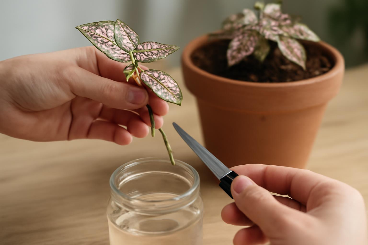 Hypoestes dugványának előkészítése vízbe helyezés előtt, cserepes növény háttérben.