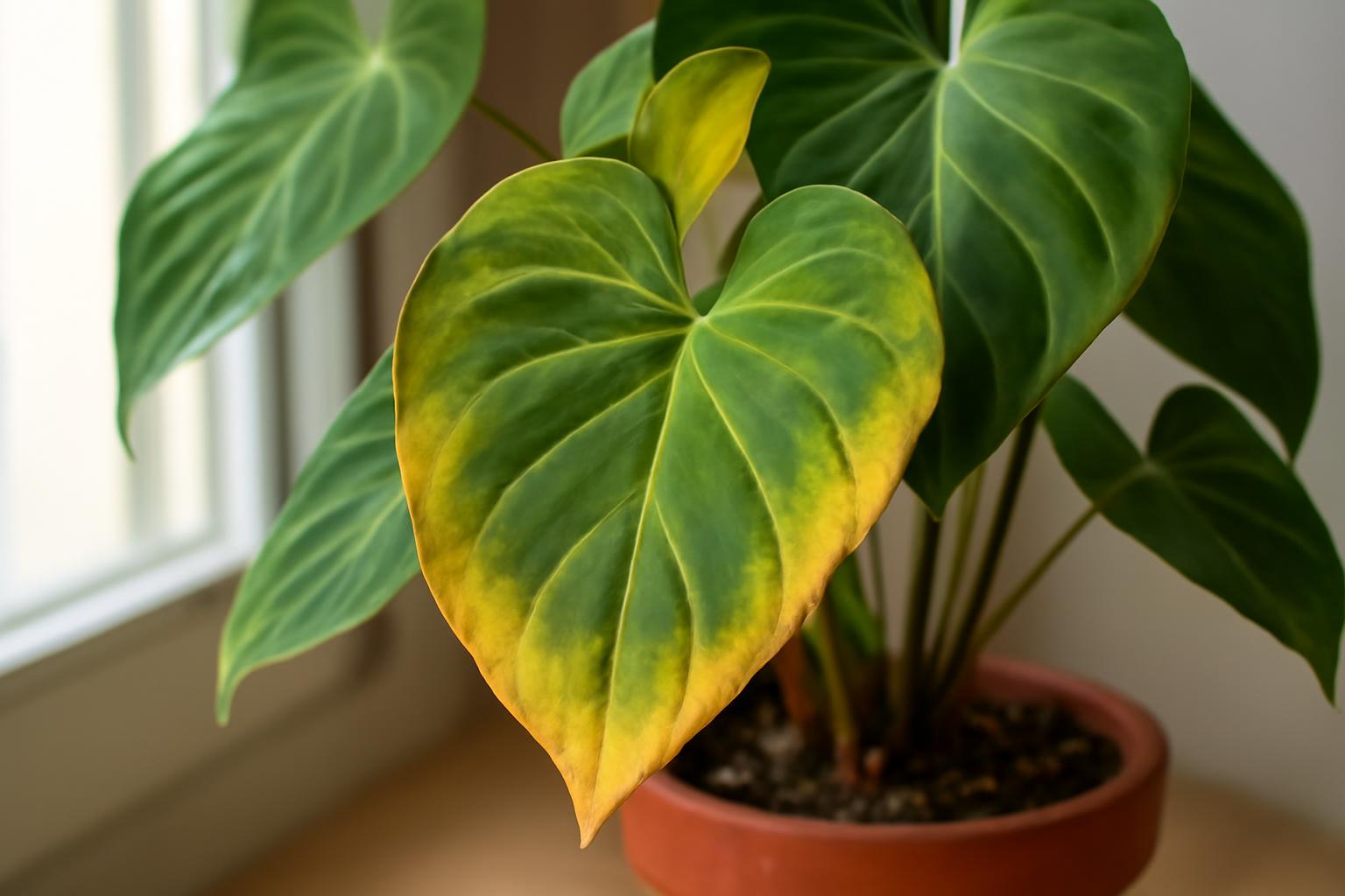 Philodendron gloriosum levelek sárgulása: túlöntözés jelei