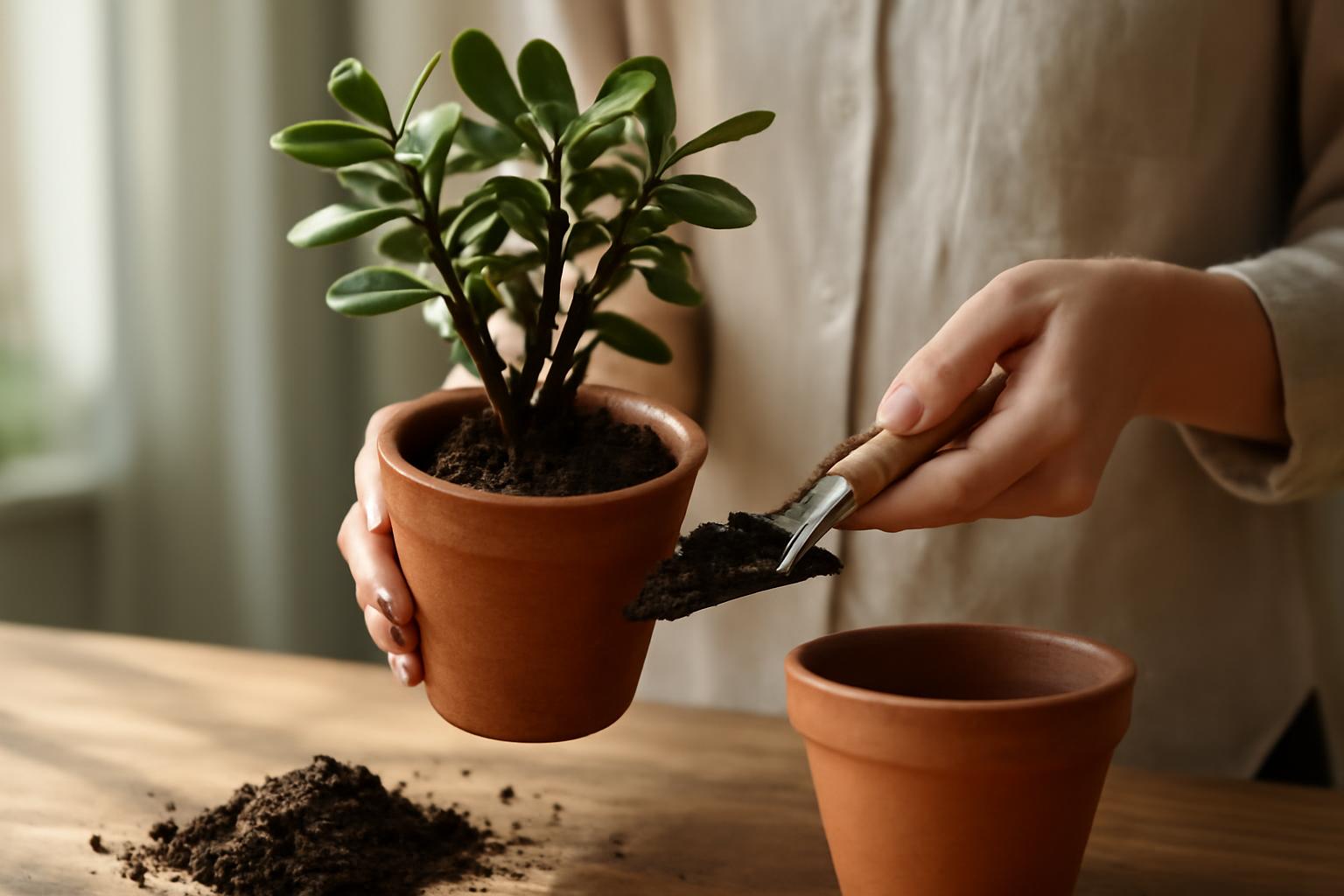 Egy nő pozsgafát ültet át egy új cserépbe, friss földdel.