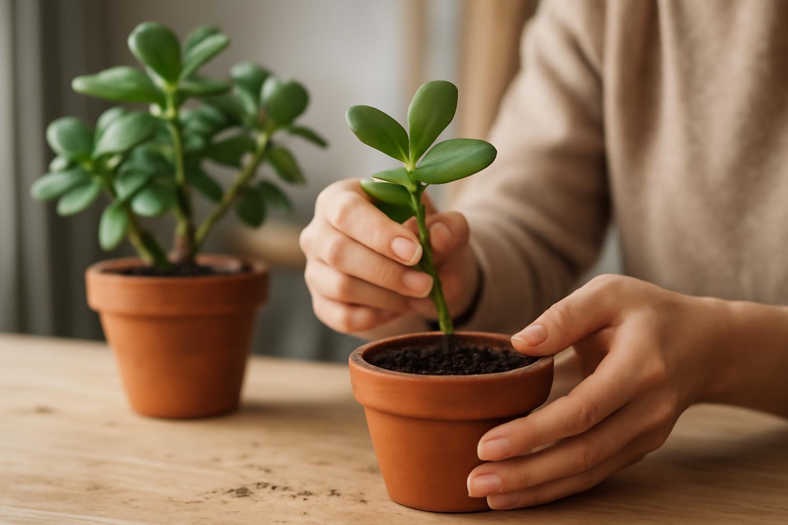 Kéz, amely pozsgafa dugványt ültet egy cserépbe, háttérben másik növény.