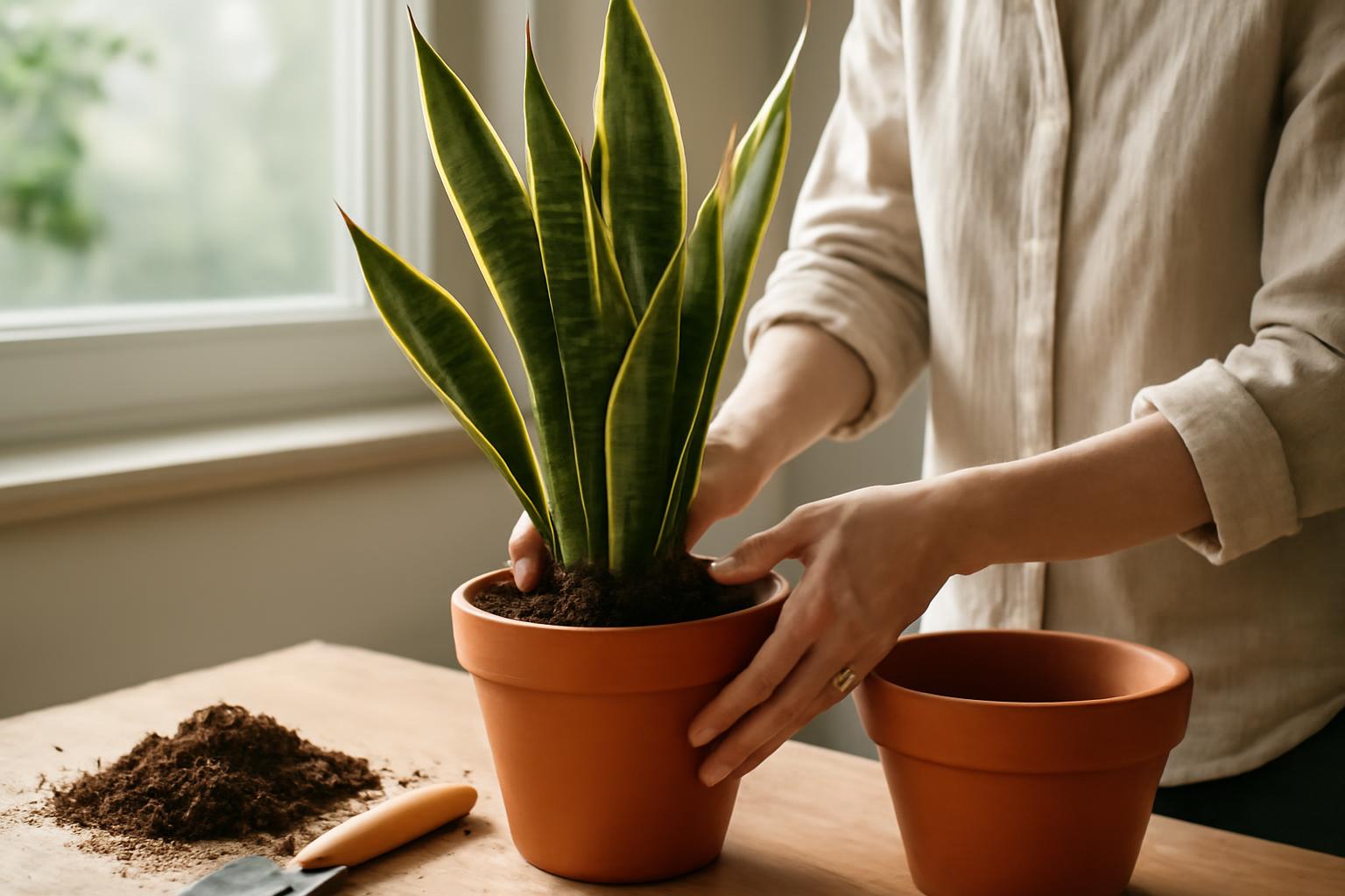 Egy sansevieria növény átültetése, új cserépbe helyezve, friss földdel.