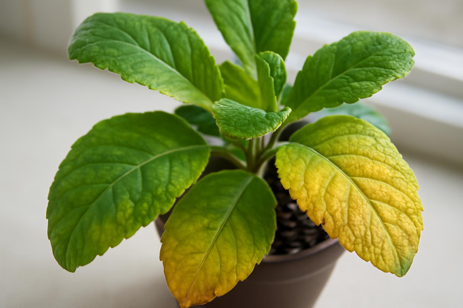 A Streptocarpus növény levelei, zöld és sárga színűek, a sárgulás jeleit mutatják.