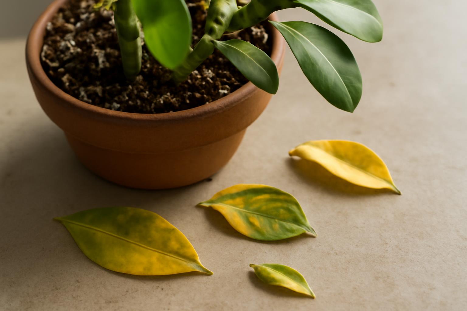 Euphorbia növény zöld levelei és sárgára színeződött lehullott levelei egy cserépben.