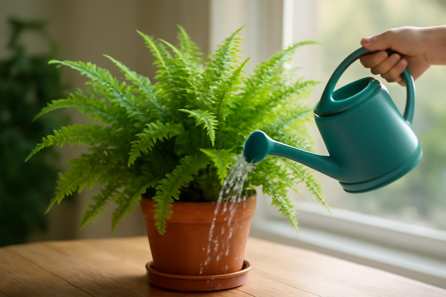 Zöld bostoni páfrány öntözése egy kék locsolókannával, világos háttérben.
