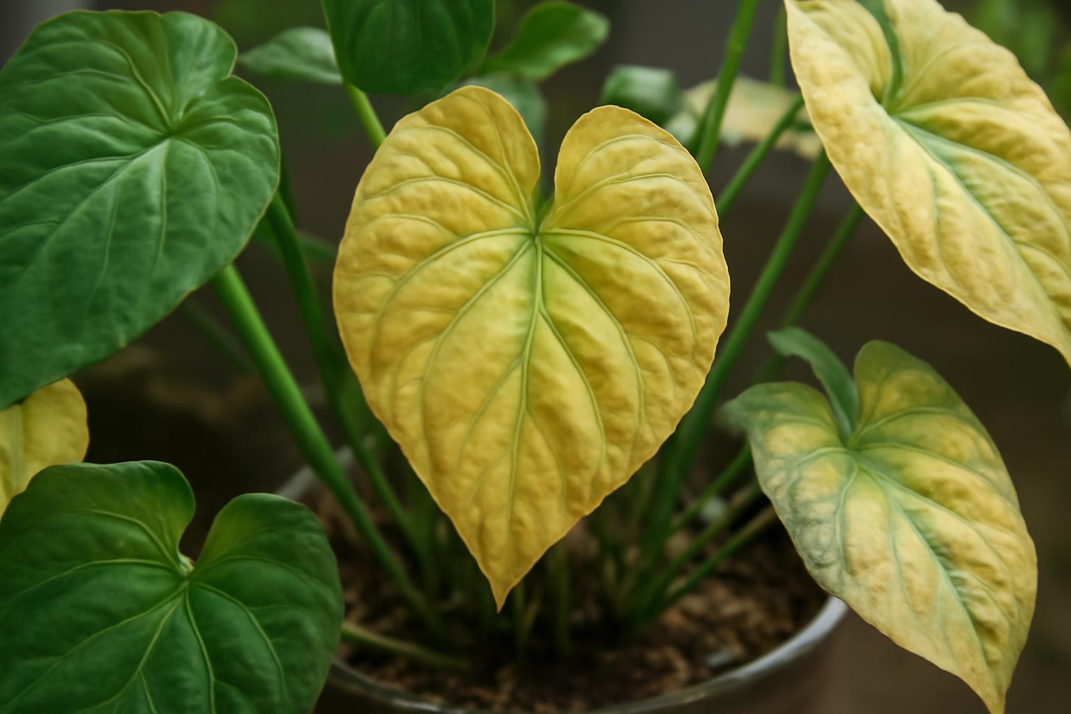 A caladium növény levelei, zöld és sárga árnyalatokkal, nyugalmi időszak jeleit mutatják.