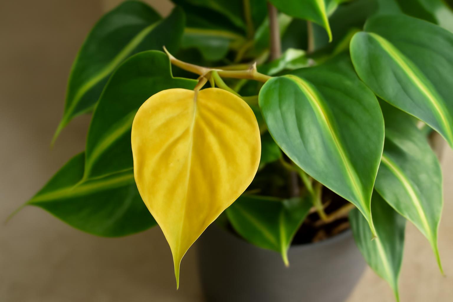 Philodendron brasil levelek sárgulása: öntözési hibák jelei