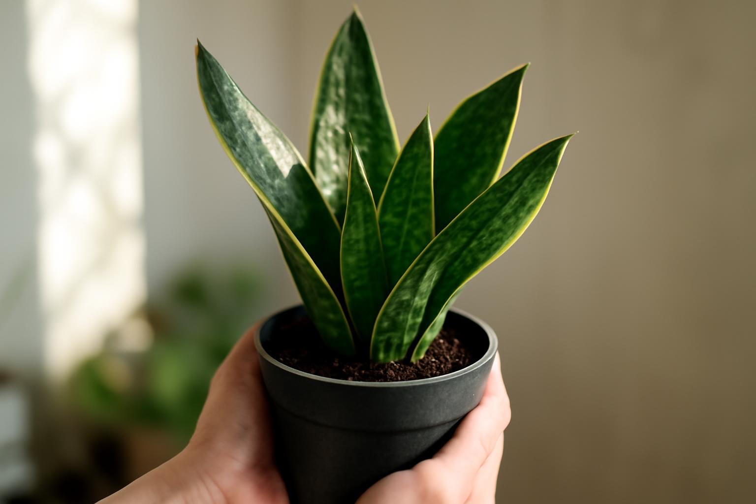 Egy sansevieria, más néven anyósnyelv, zöld levelekkel egy cserépben, gondozott állapotban.