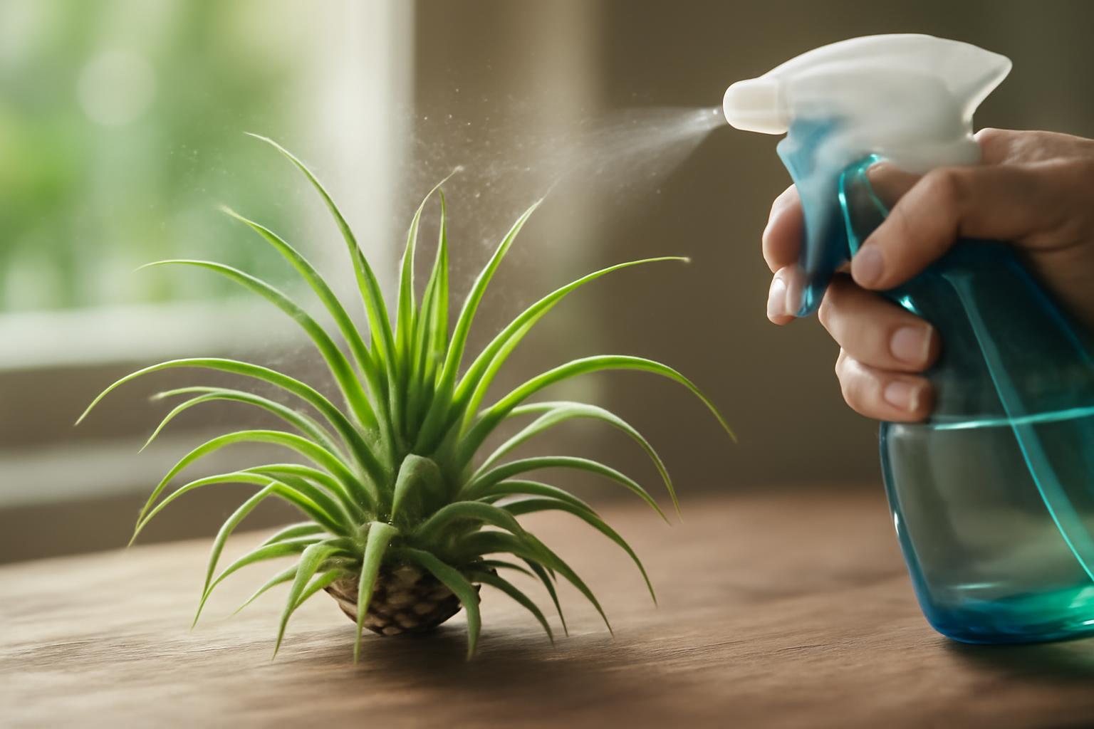 Egy kéz permetezővel vízpermetet fúj egy tillandsia növényre.