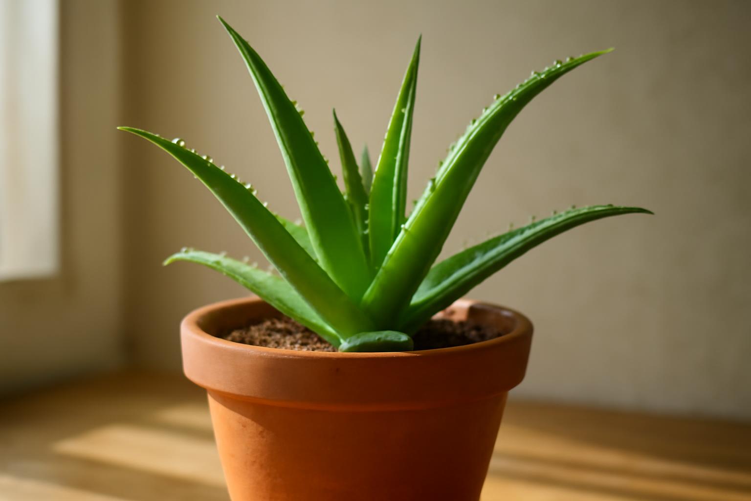 Egy egészséges aloe vera növény zöld levelekkel, terrakotta cserépben.