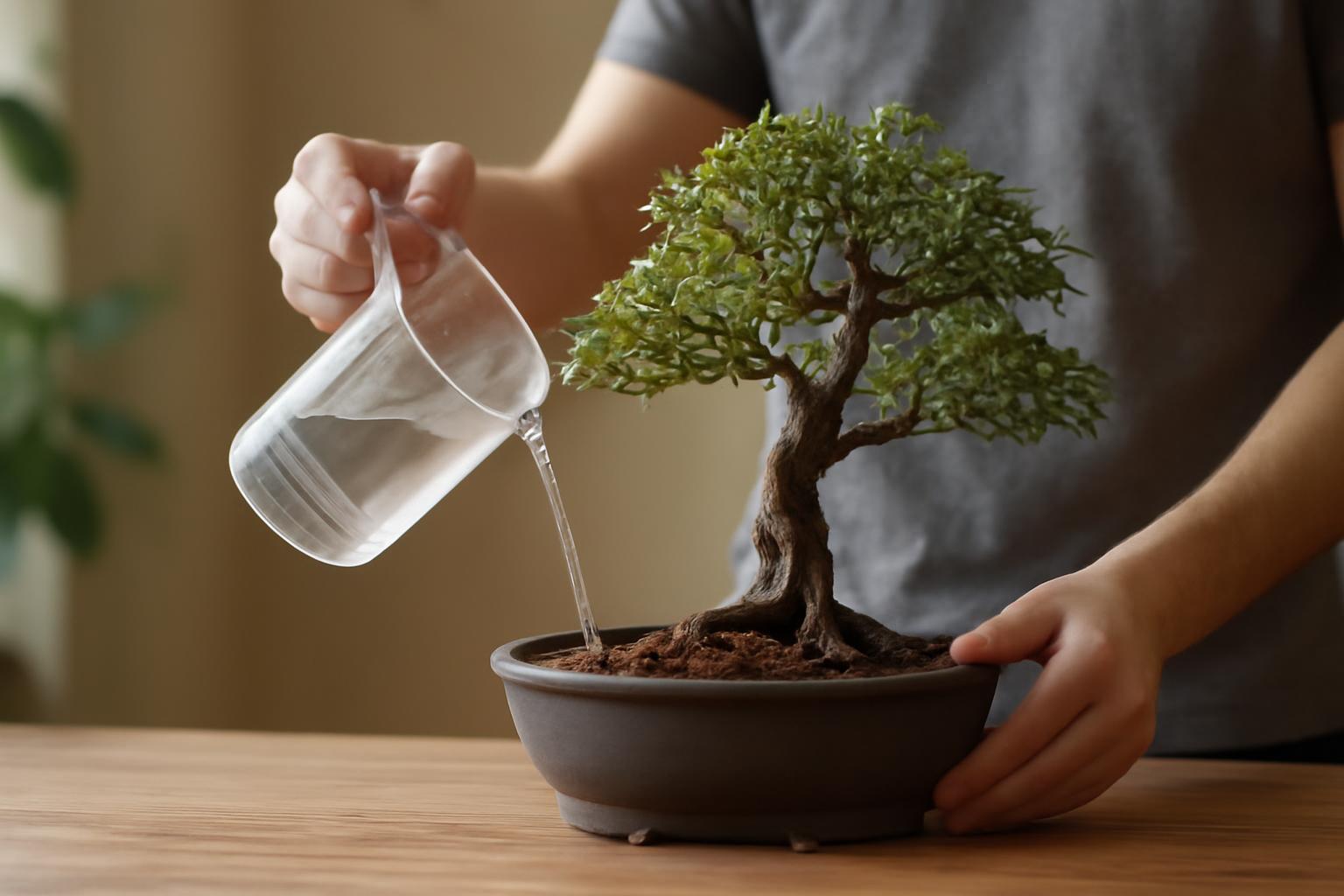 Egy bonsai fa öntözése, a víz a gyökerekhez érkezik.