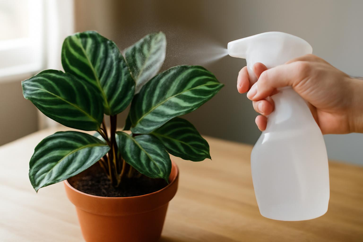 Egy kéz permetezőből vizet spriccel egy calathea növényre, amely zöld levelekkel díszített.