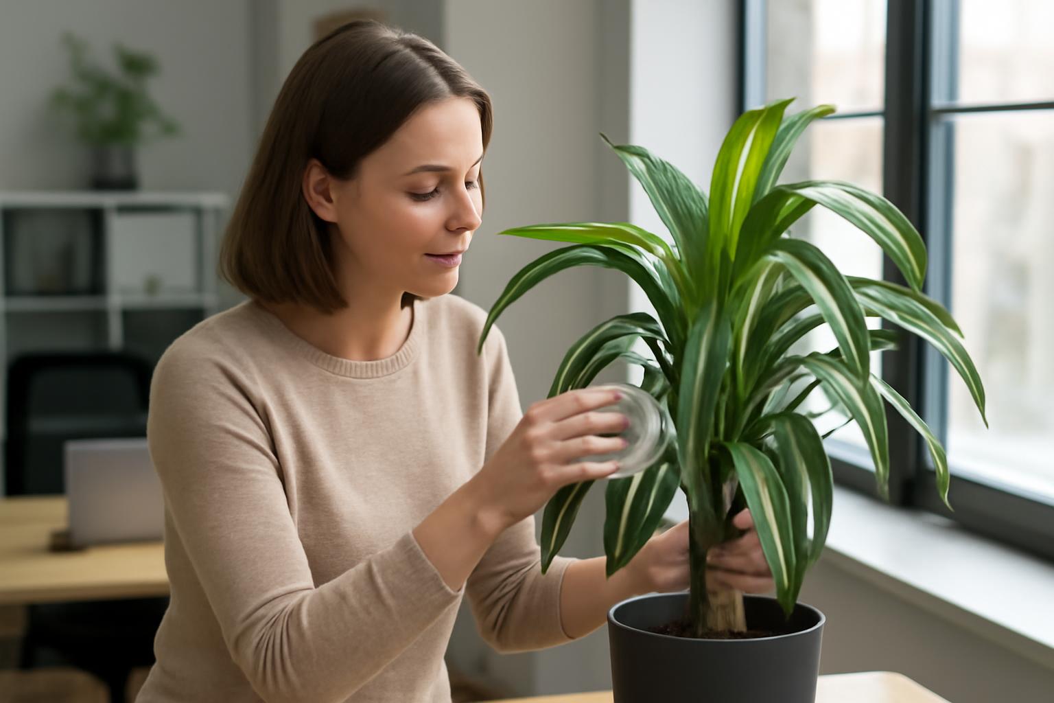 Egy nő gondozza a dracéna szobanövényt az irodában, vízzel locsolva.