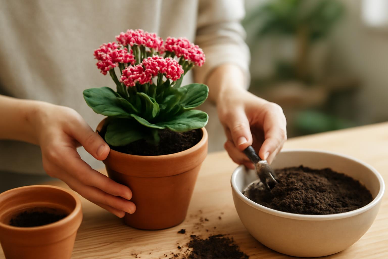 Egy nő a kalanchoe virágot ülteti át, miközben friss földet készít elő.