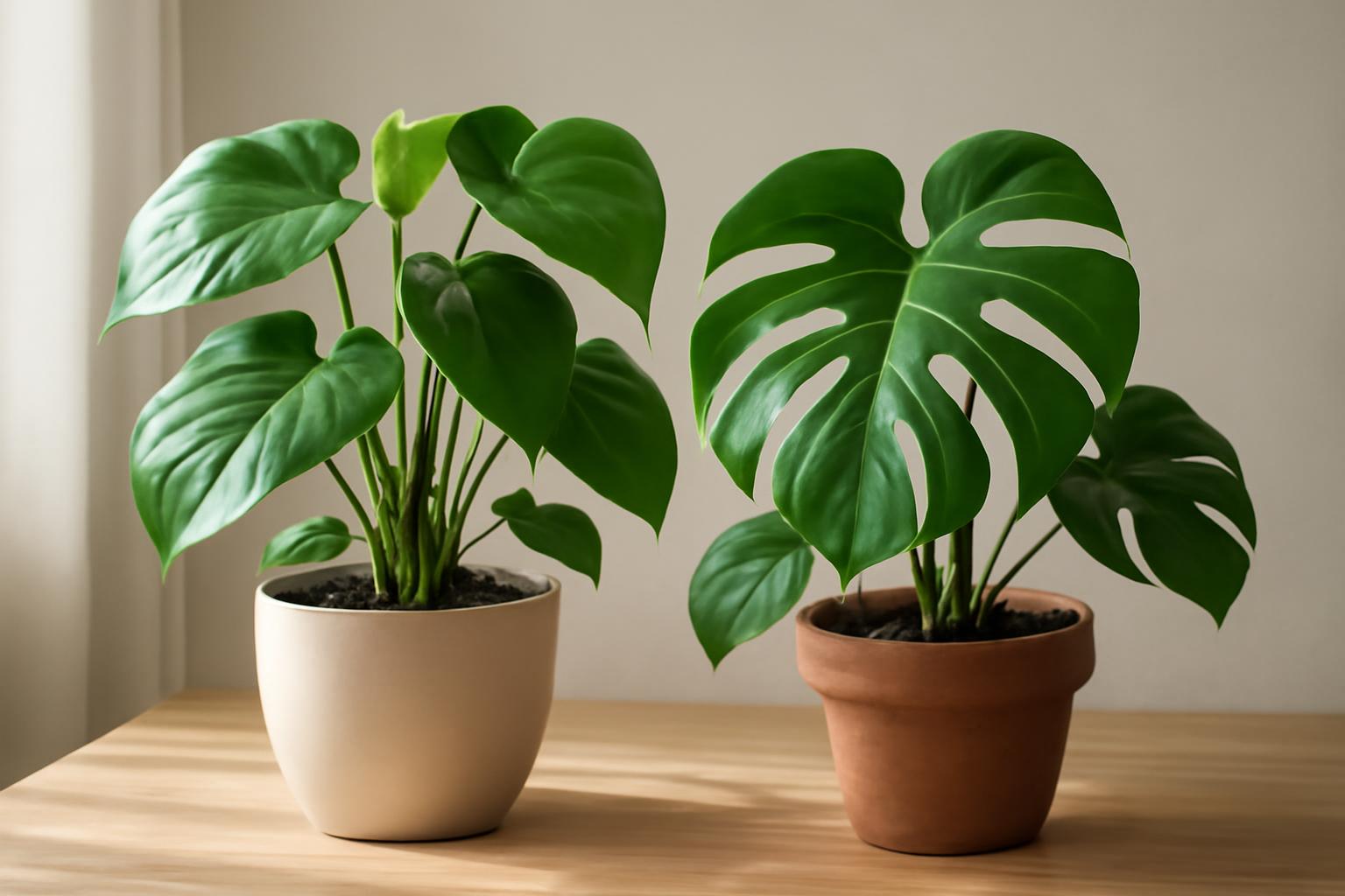 Két szobanövény, philodendron és monstera, különböző cserepekben, zöld levelekkel.