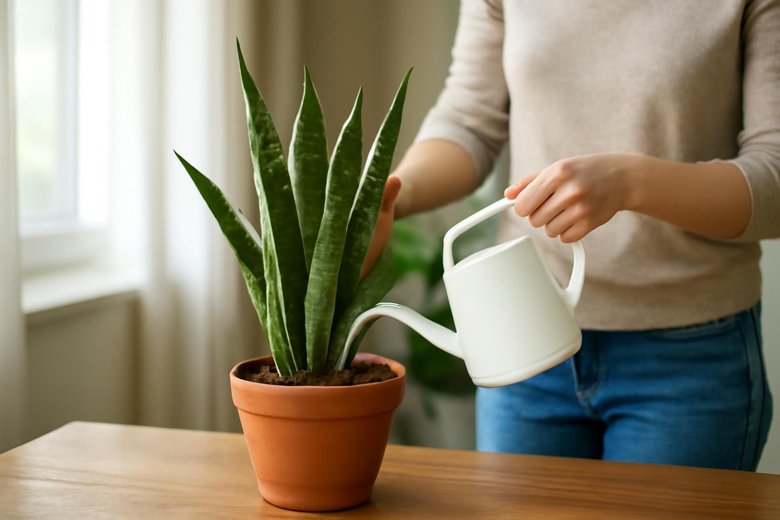 Egy nő sansevieria növényt öntöz egy terrakotta cserépben.