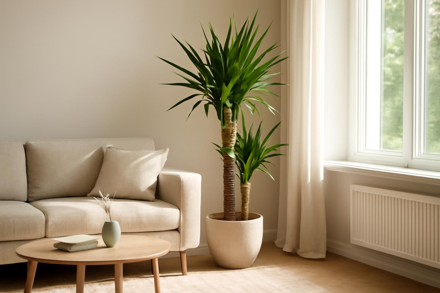 Egy világos nappaliban álló yucca növény, zöld levelekkel és világos cserépben.