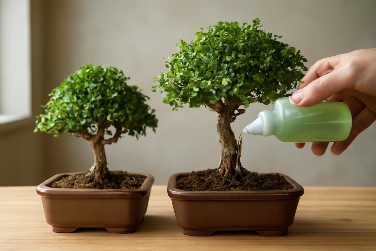 Két bonsai fa, az egyik tápoldatozás alatt, friss zöld levelekkel.