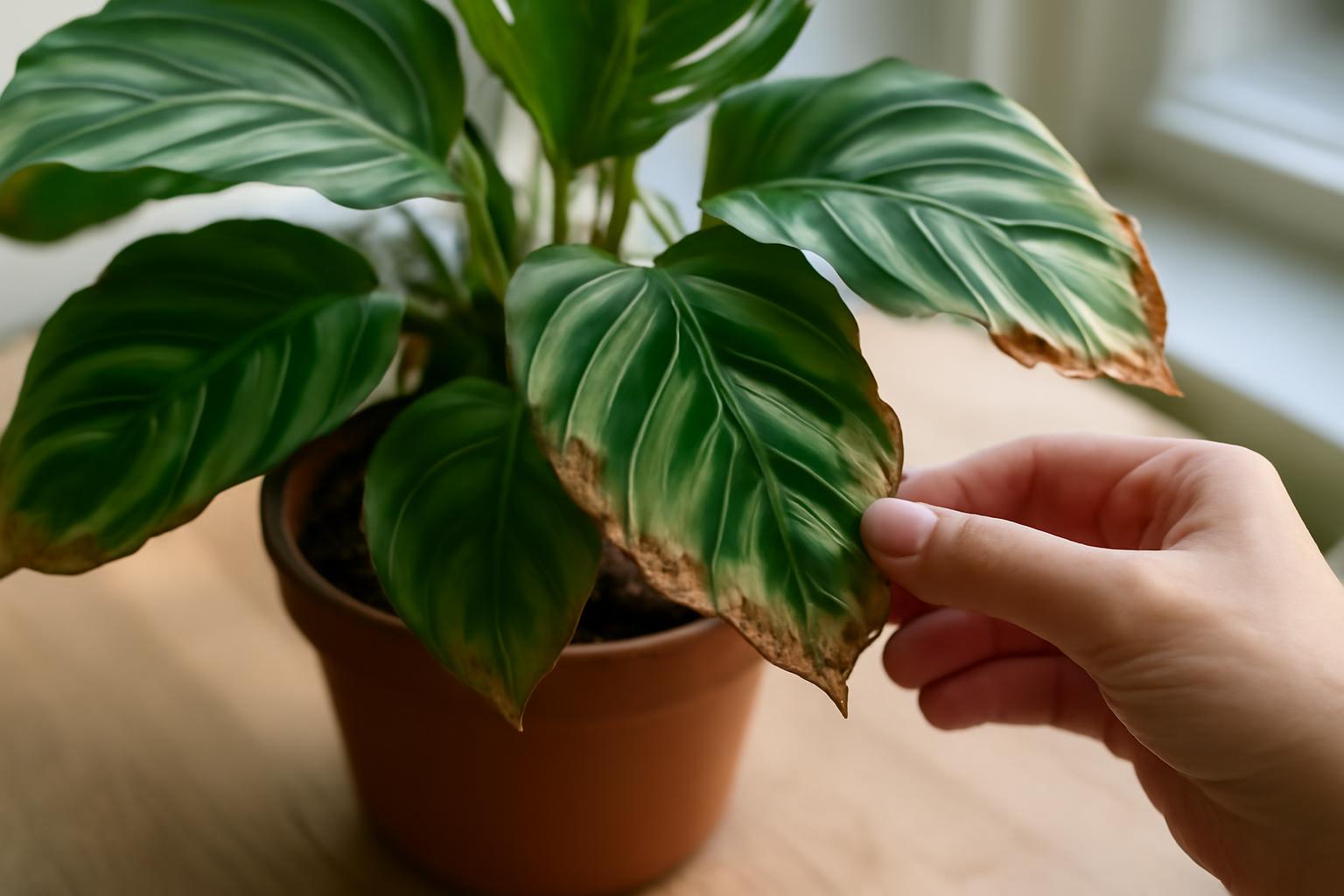 Egy calathea növény levele, amelynek széle barnulni kezdett, a gondozás jeleit mutatja.