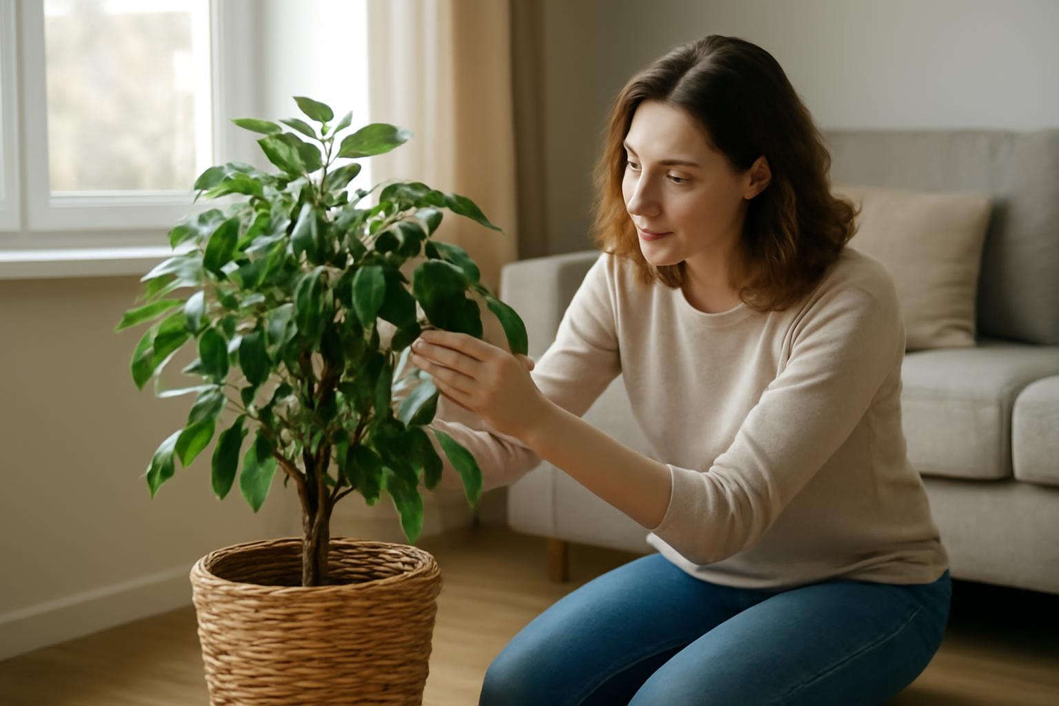 Egy nő gondosan ápolja a fikusz benjamint, figyelve a levelek állapotára.