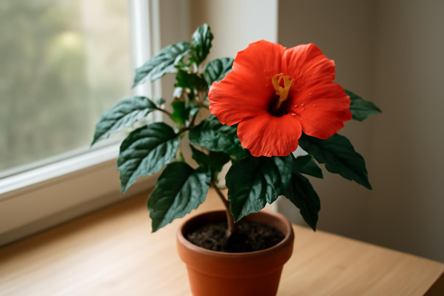 Egy szobai hibiszkusz virágzó piros virággal és zöld levelekkel, cserepében.