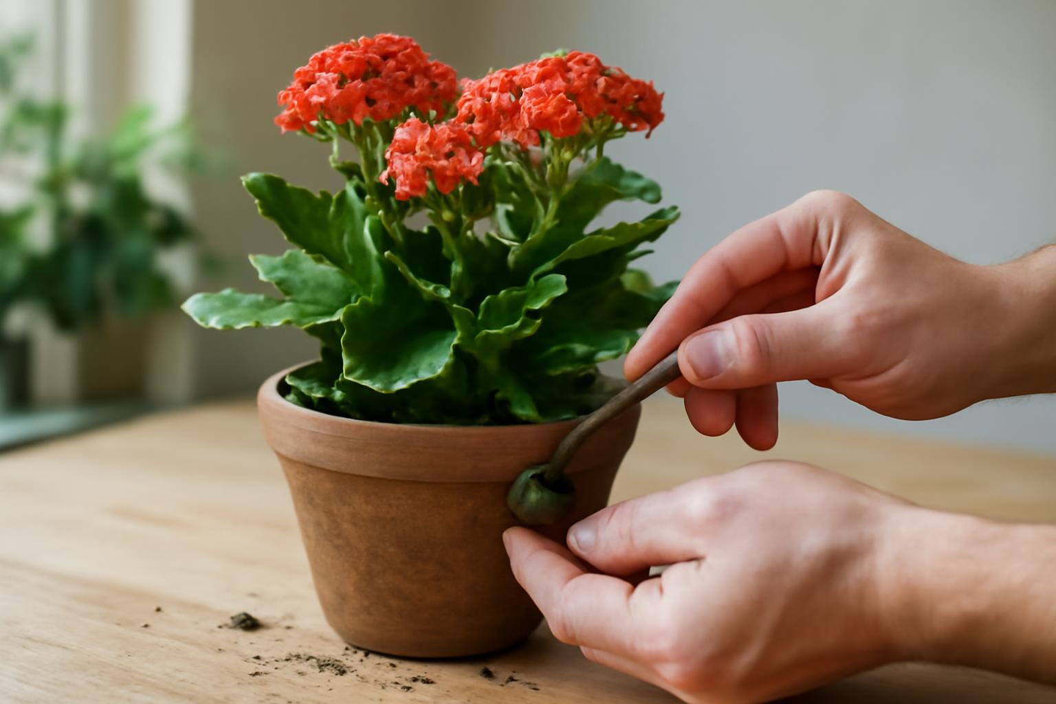 Kalanchoe virágzó szobanövény, gondozás közben, zöld levelekkel.