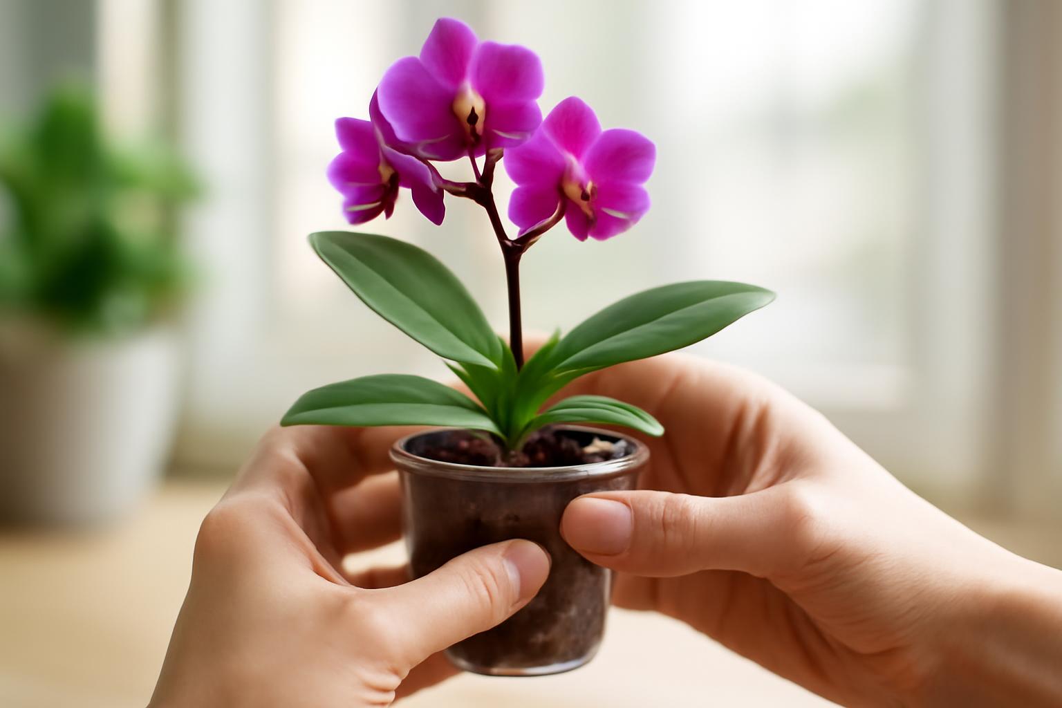 Egy mini orchidea virágzik, élénk rózsaszín virágokkal és zöld levelekkel.