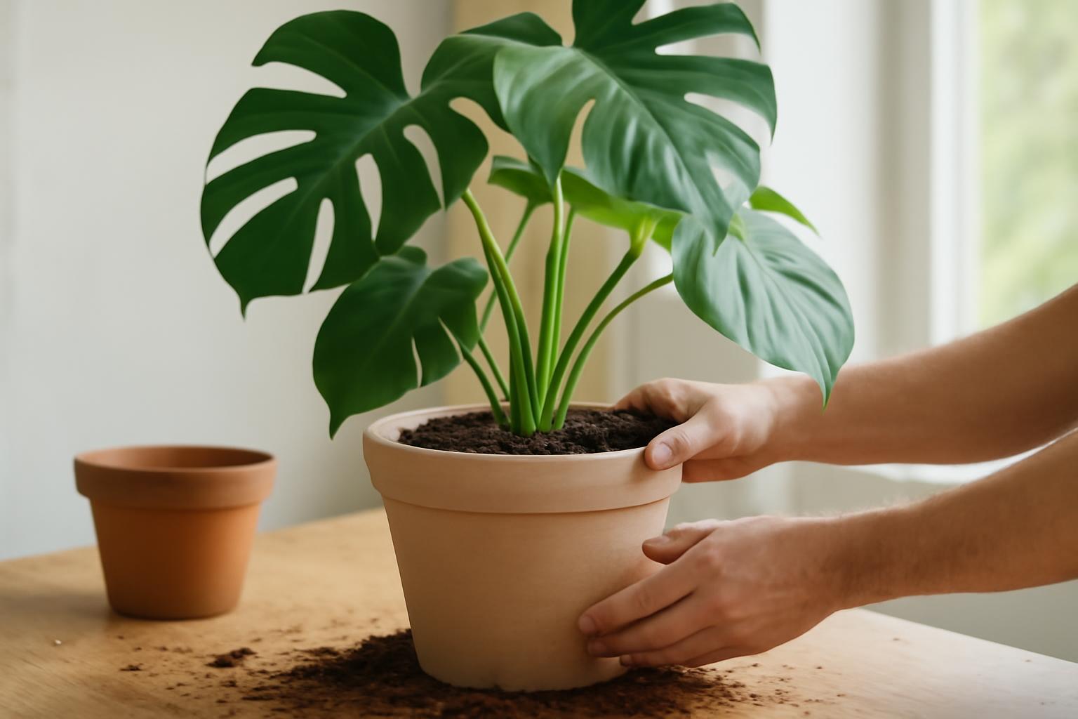 Egy monstera növény átültetése egy nagyobb cserépbe, friss földdel.
