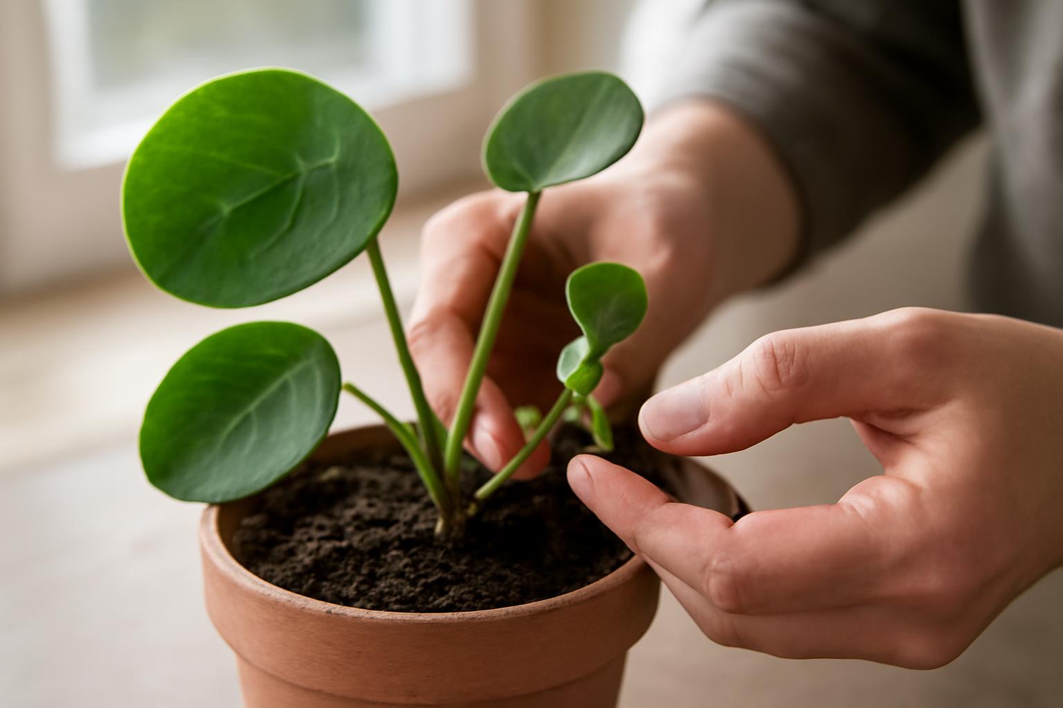 Kéz a pilea növény sarjának ültetésénél, zöld levelekkel.