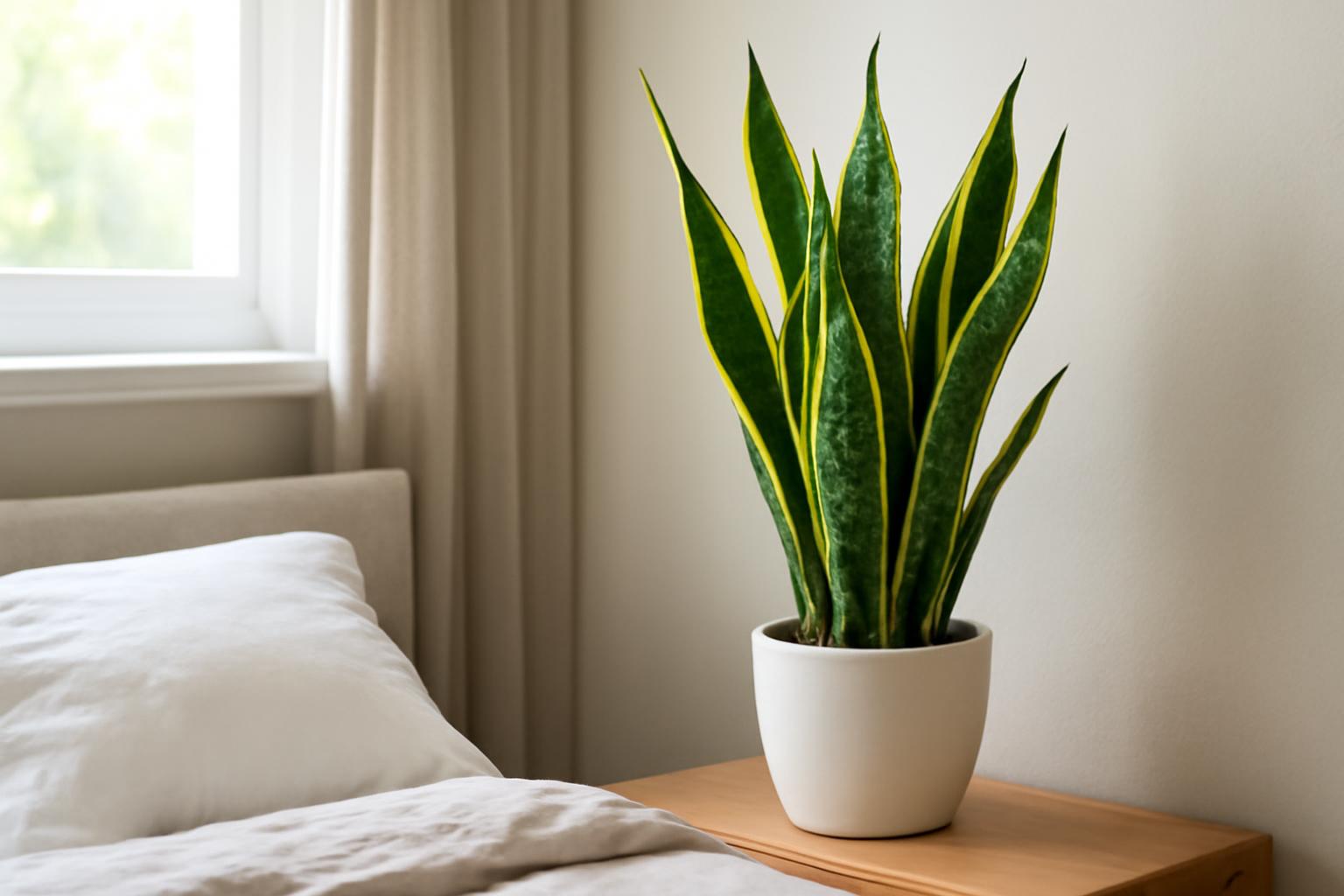 Egy sansevieria növény zöld levelekkel, sárga szegéllyel, hálószobai asztalon.