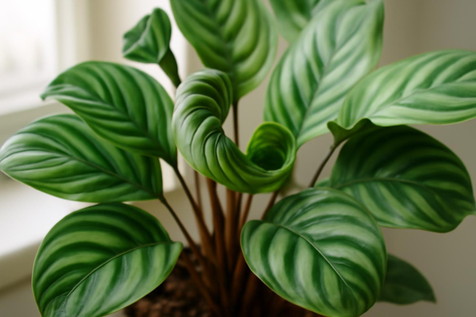 Egy calathea növény zöld, csavart levelekkel, világos háttér előtt.