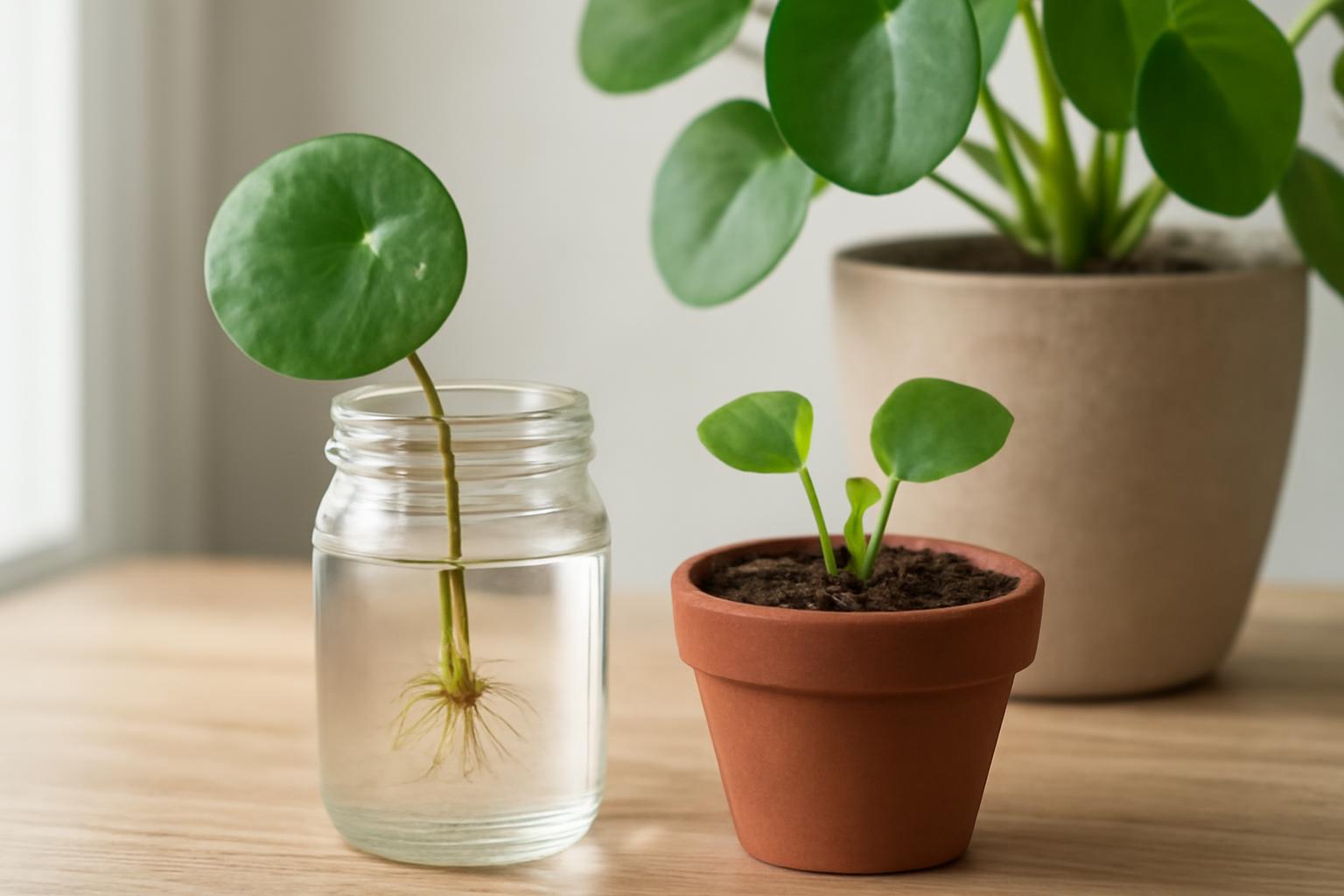 Egy üveg vízben gyökerező pilea levél és egy cserepes pilea növény.