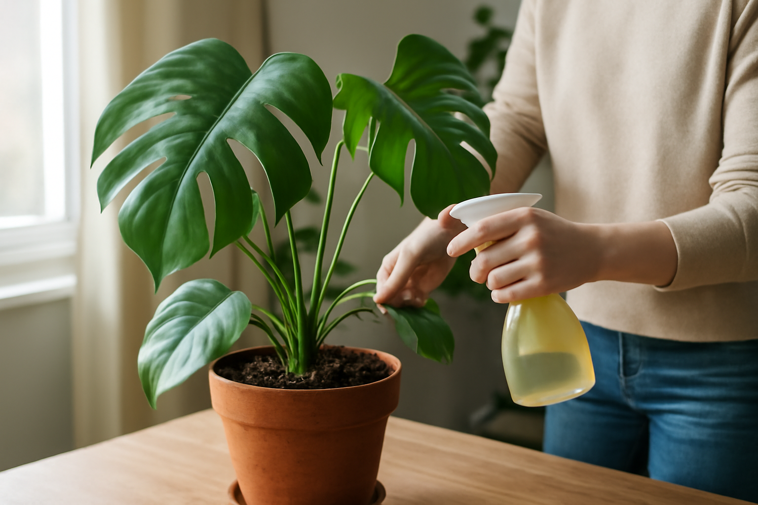 Egy személy a Monstera növény leveleit permetezi, hogy friss és egészséges maradjon.