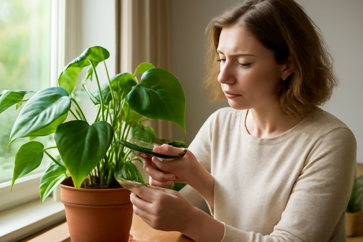Egy nő figyelmesen gondoz egy philodendron szobanövényt, zöld levelekkel.