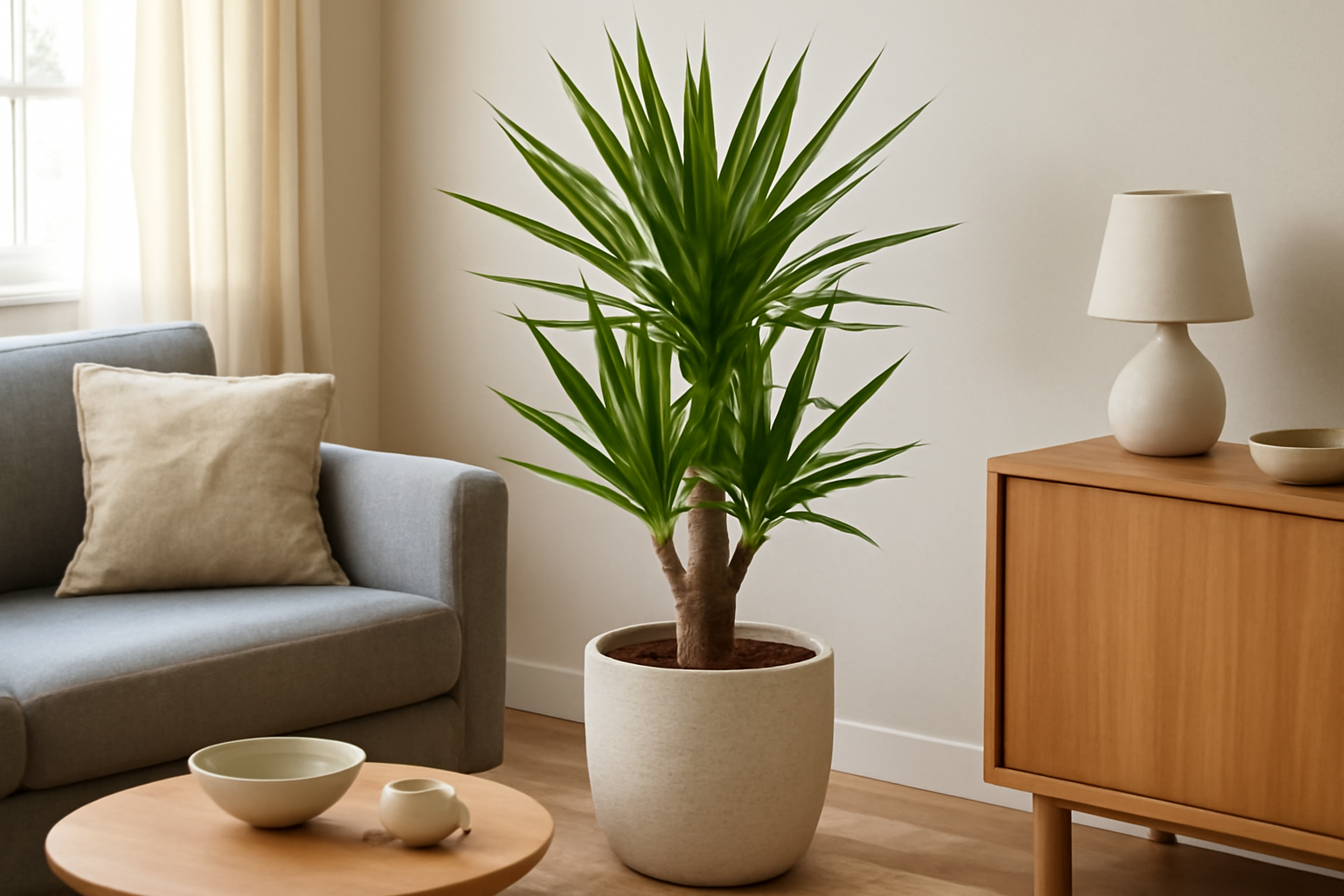 Leteszteltük a yucca gondozását modern nappaliban